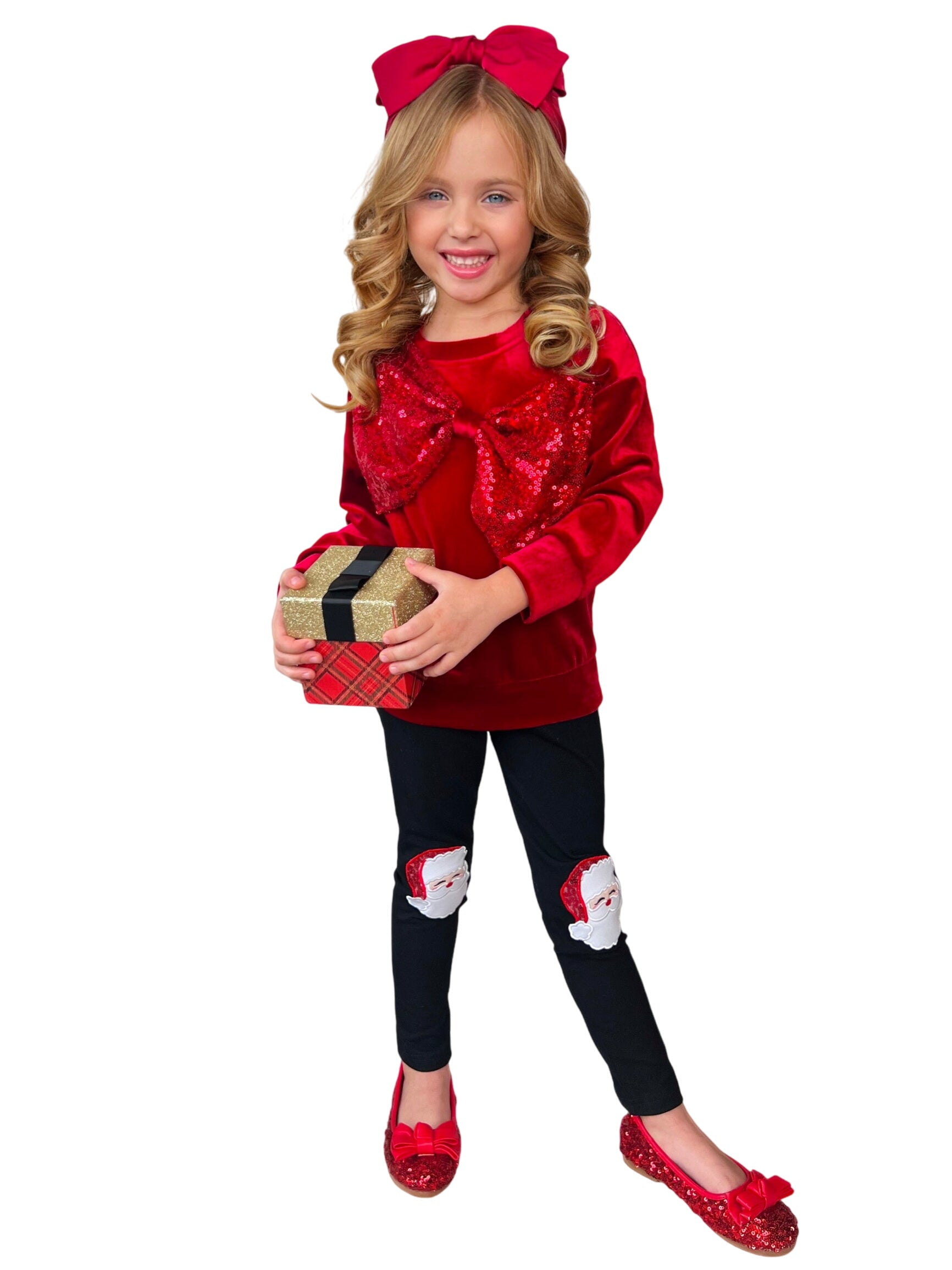 Velvet Sparkle Bow Top And Santa Legging Set