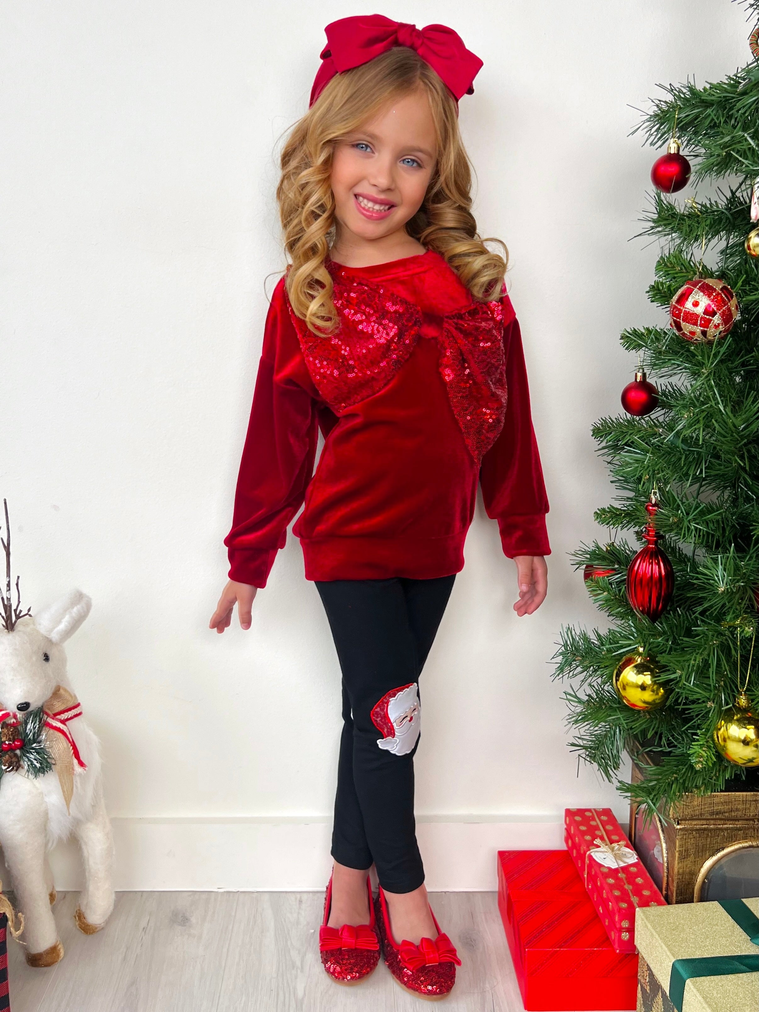 Velvet Sparkle Bow Top And Santa Legging Set