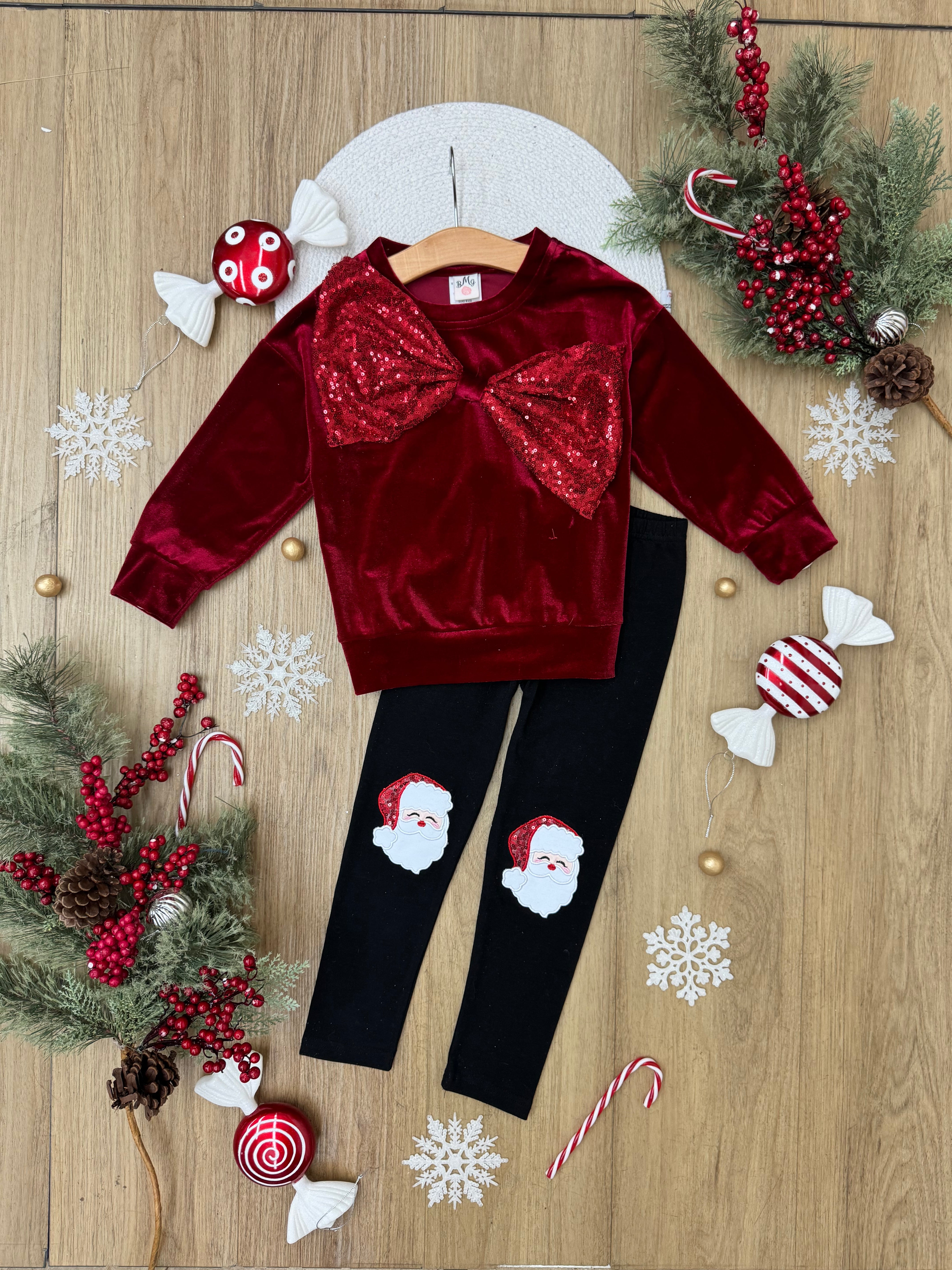 Velvet Sparkle Bow Top And Santa Legging Set