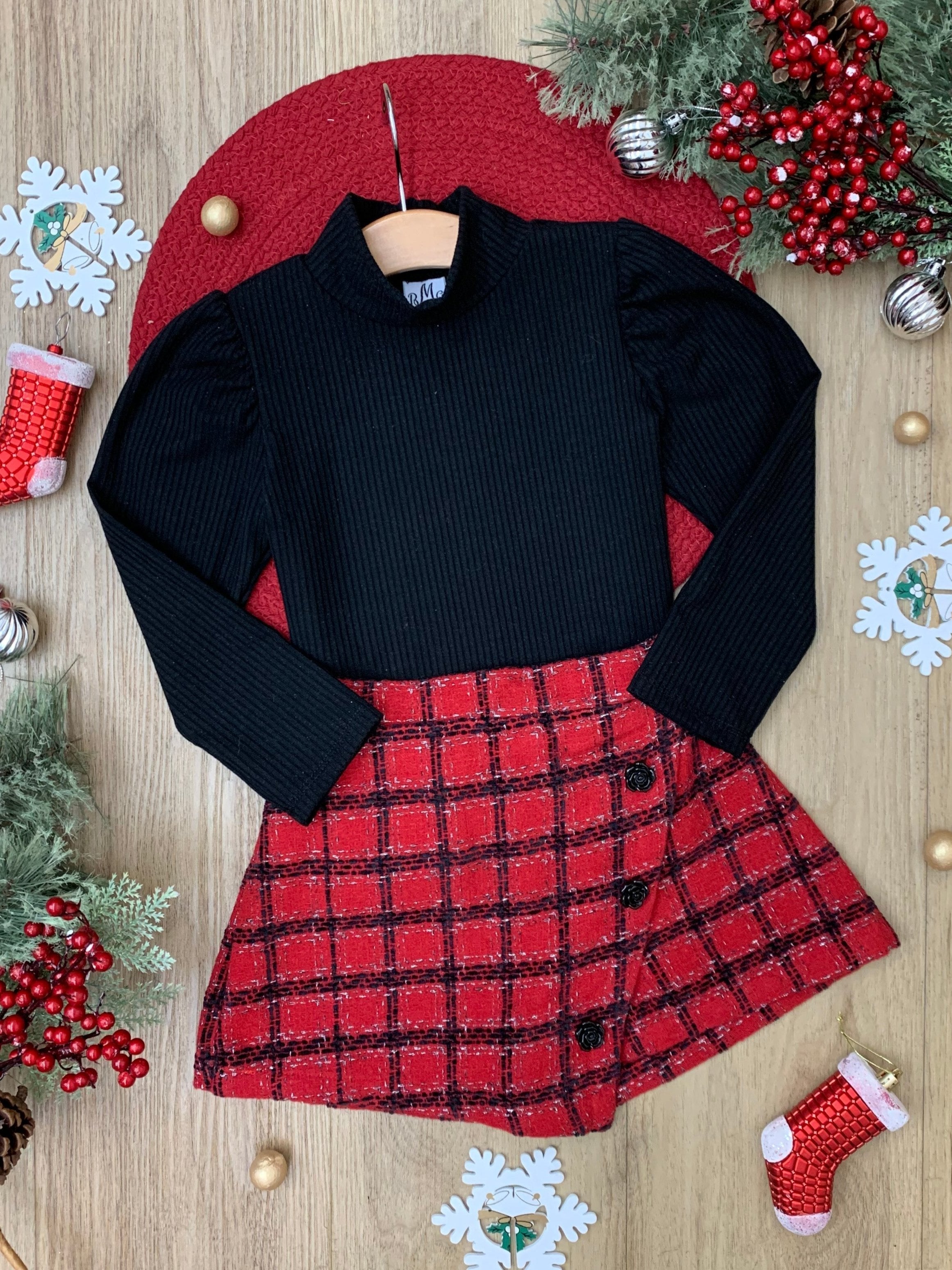 Black Turtleneck Top And Red Tweed Skort Set