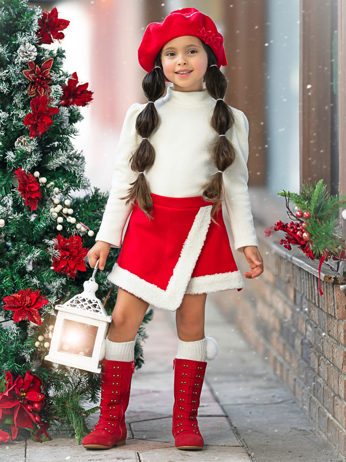 Ivory Turtleneck Top And Red Fur Trimmed Skort Set