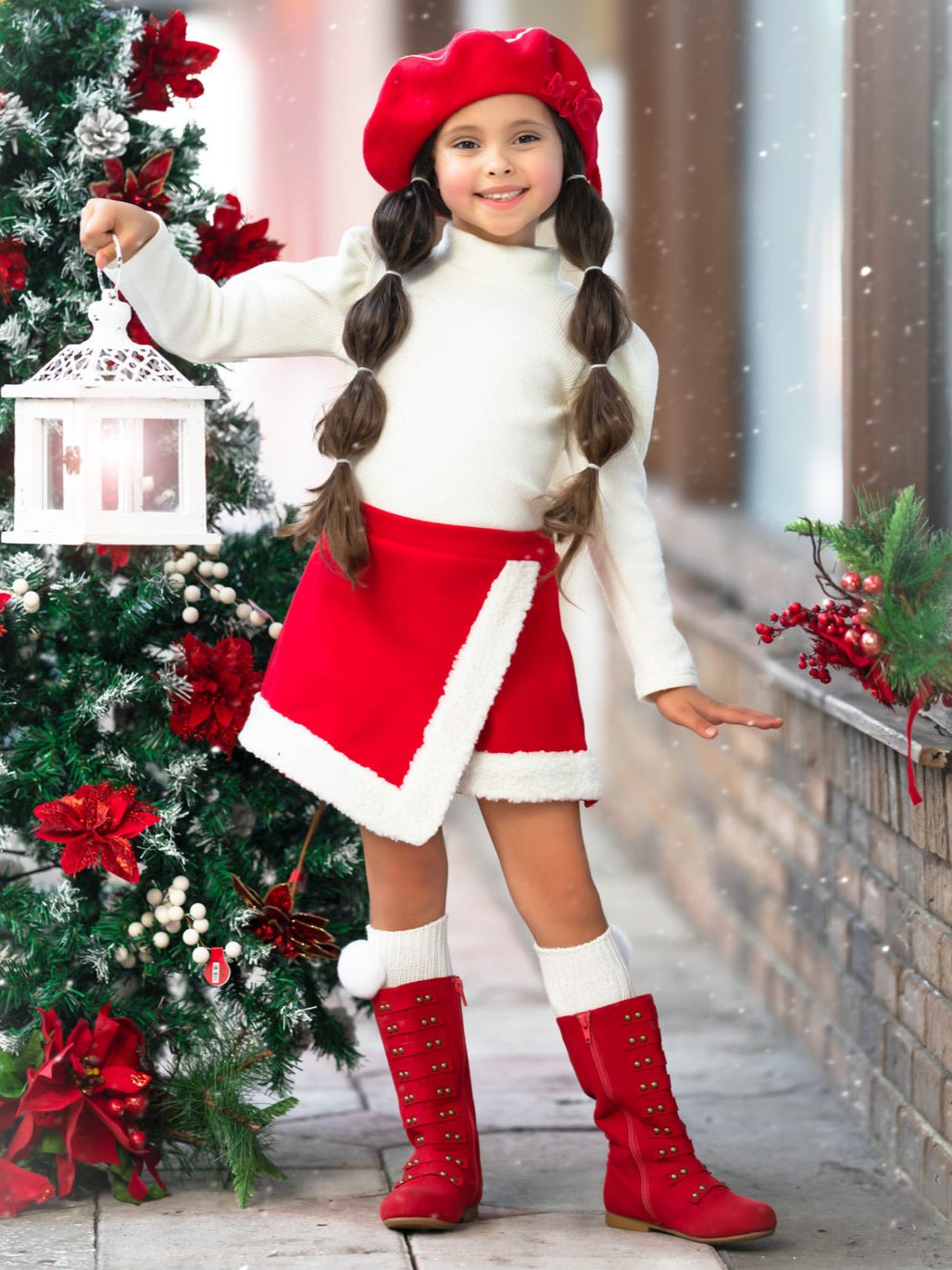 Ivory Turtleneck Top And Red Fur Trimmed Skort Set