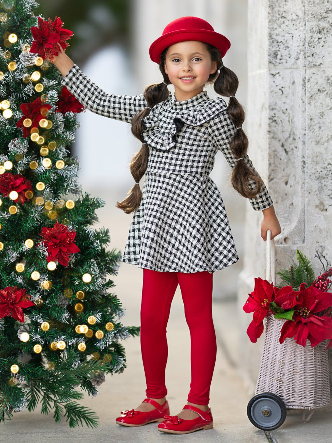 Houndstooth Ruffled Long Sleeve Tunic And Legging Set