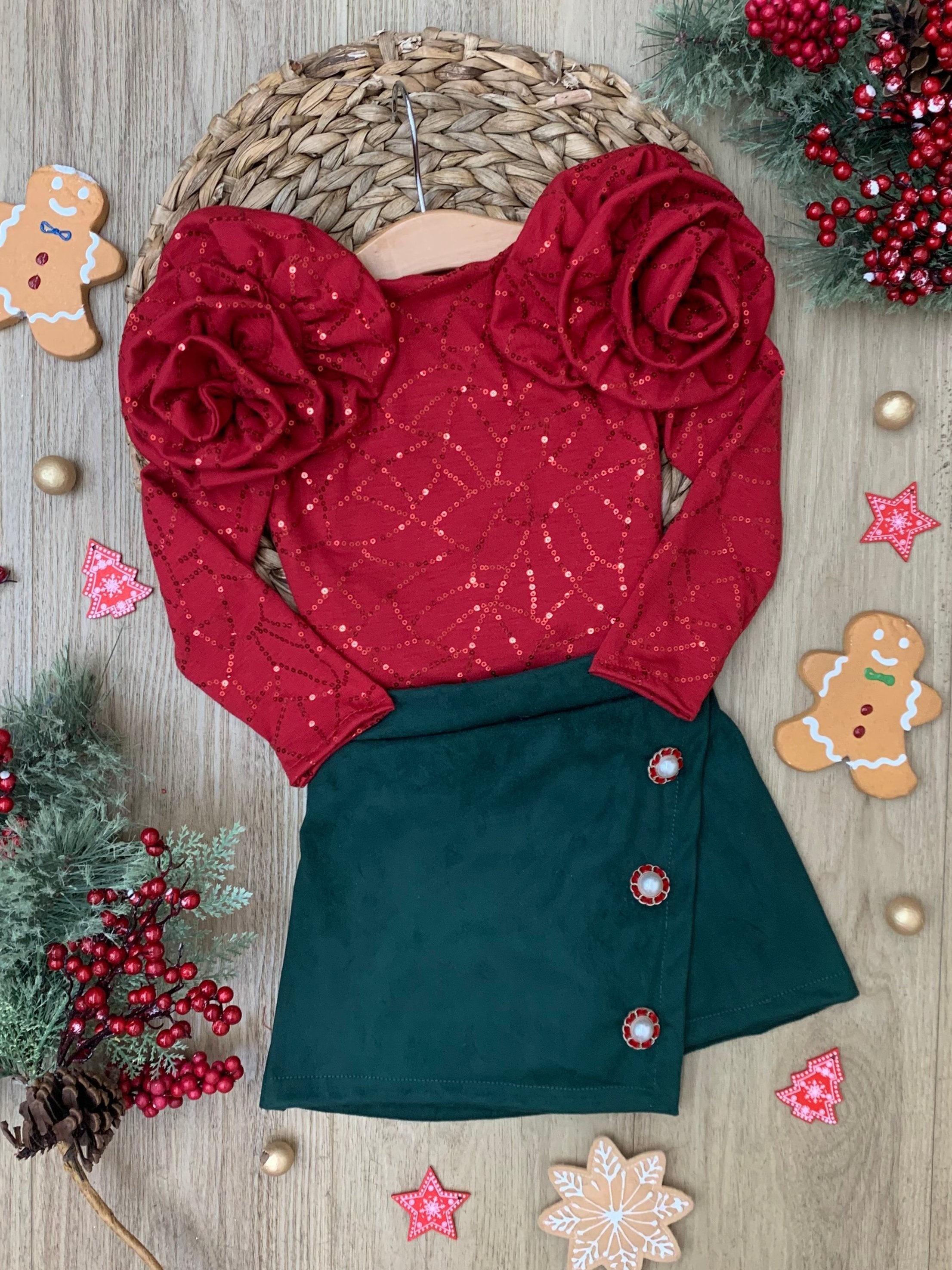 Rosy Daydream Rosette Shoulder Top And Faux Suede Skort Set