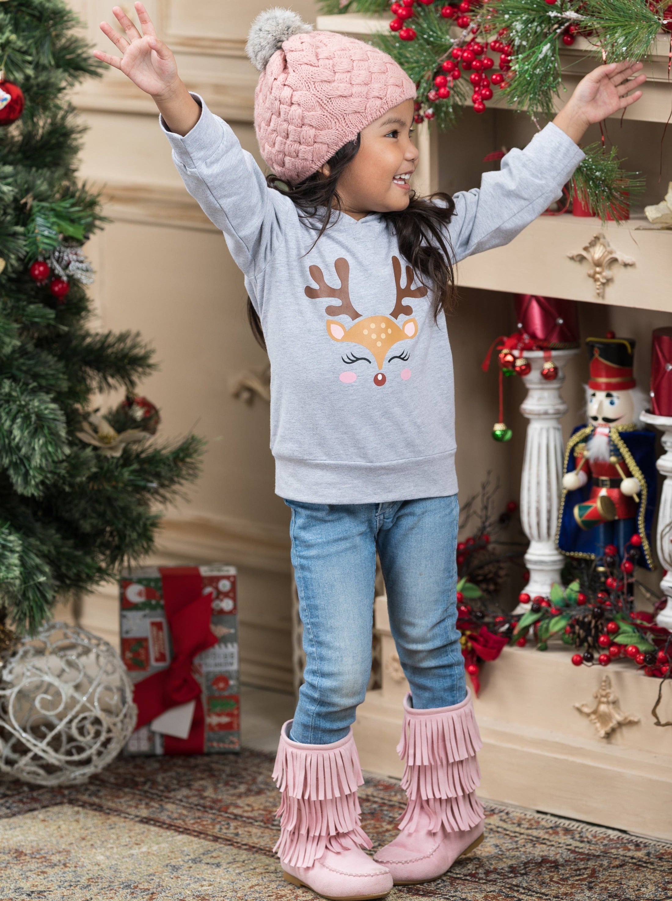 Blushing Reindeer Long Sleeve Hooded Top