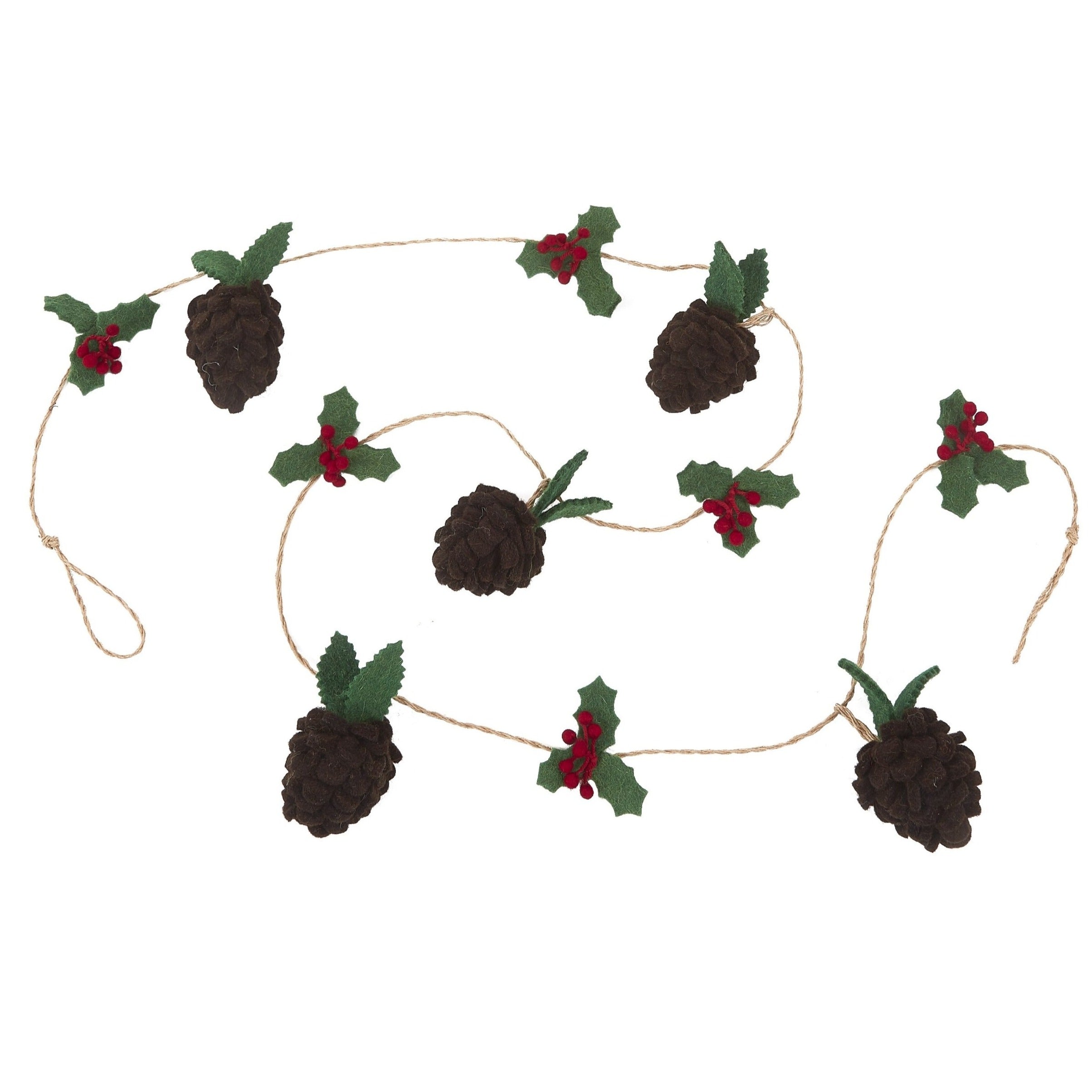 Handmade Christmas Garland - Pinecones And Holly Berries In Felt And Jute - 6'