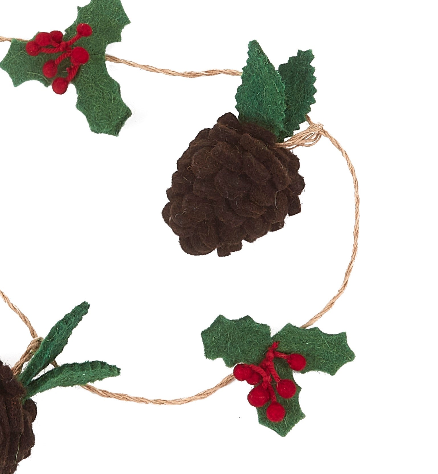 Handmade Christmas Garland - Pinecones And Holly Berries In Felt And Jute - 6'