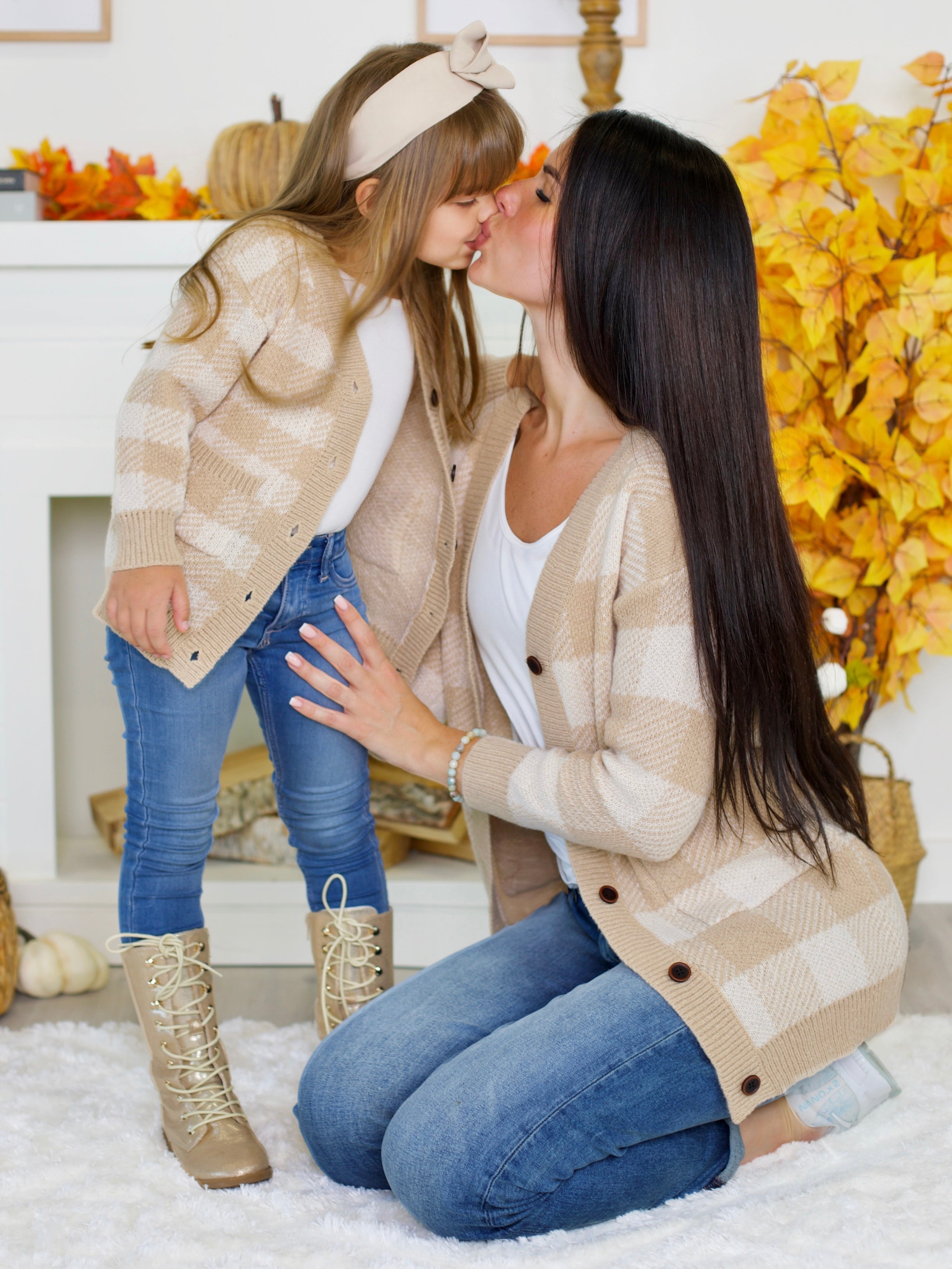 Mommy And Me Beige And White Checkered Oversized Cardigan