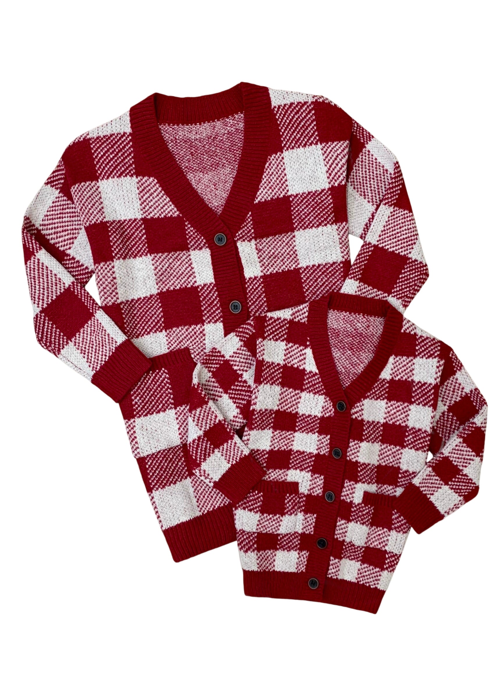 Mommy And Me Burgundy And White Checkered Oversized Cardigan