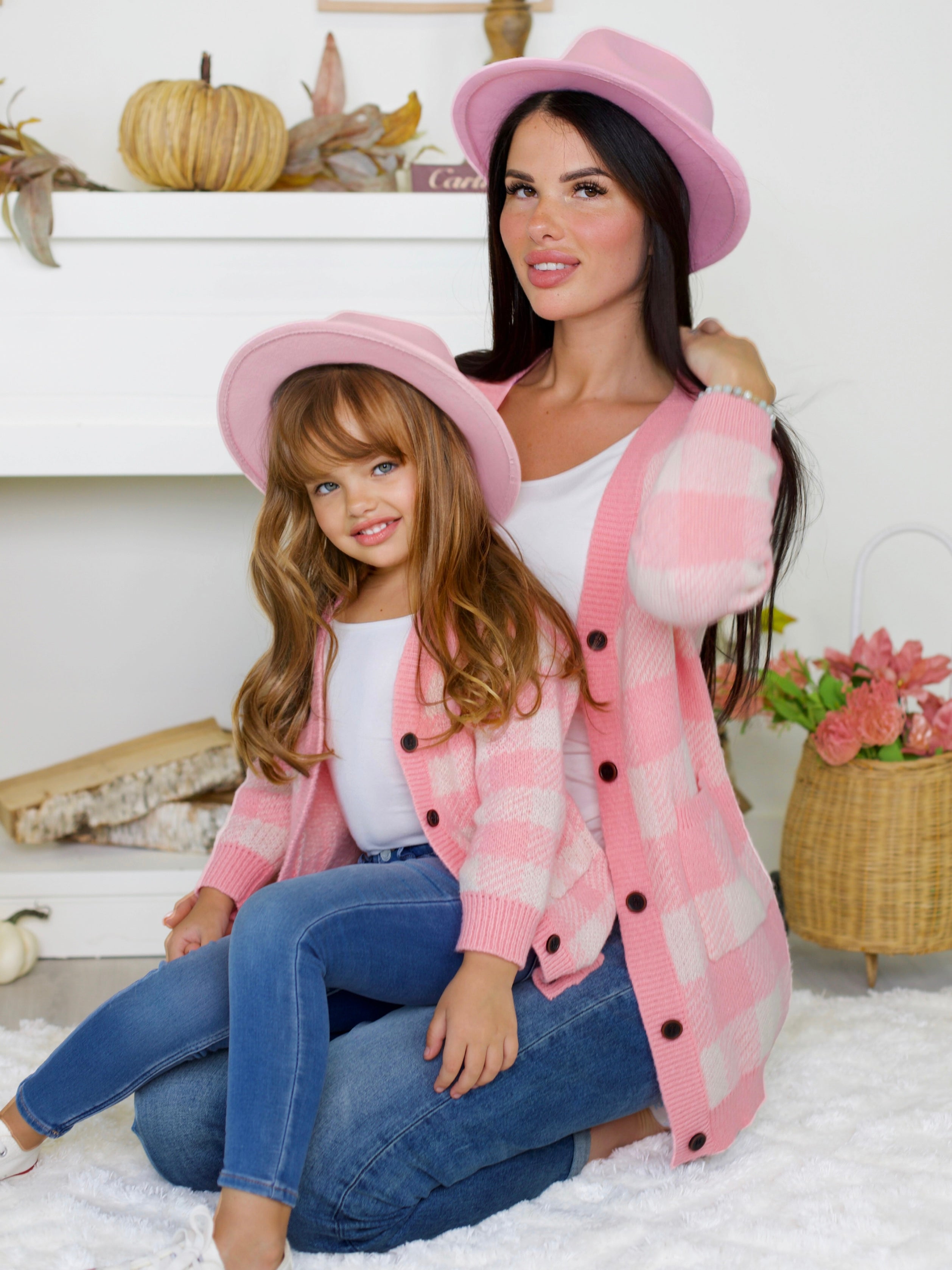 Mommy And Me Pink And White Checkered Oversized Cardigan