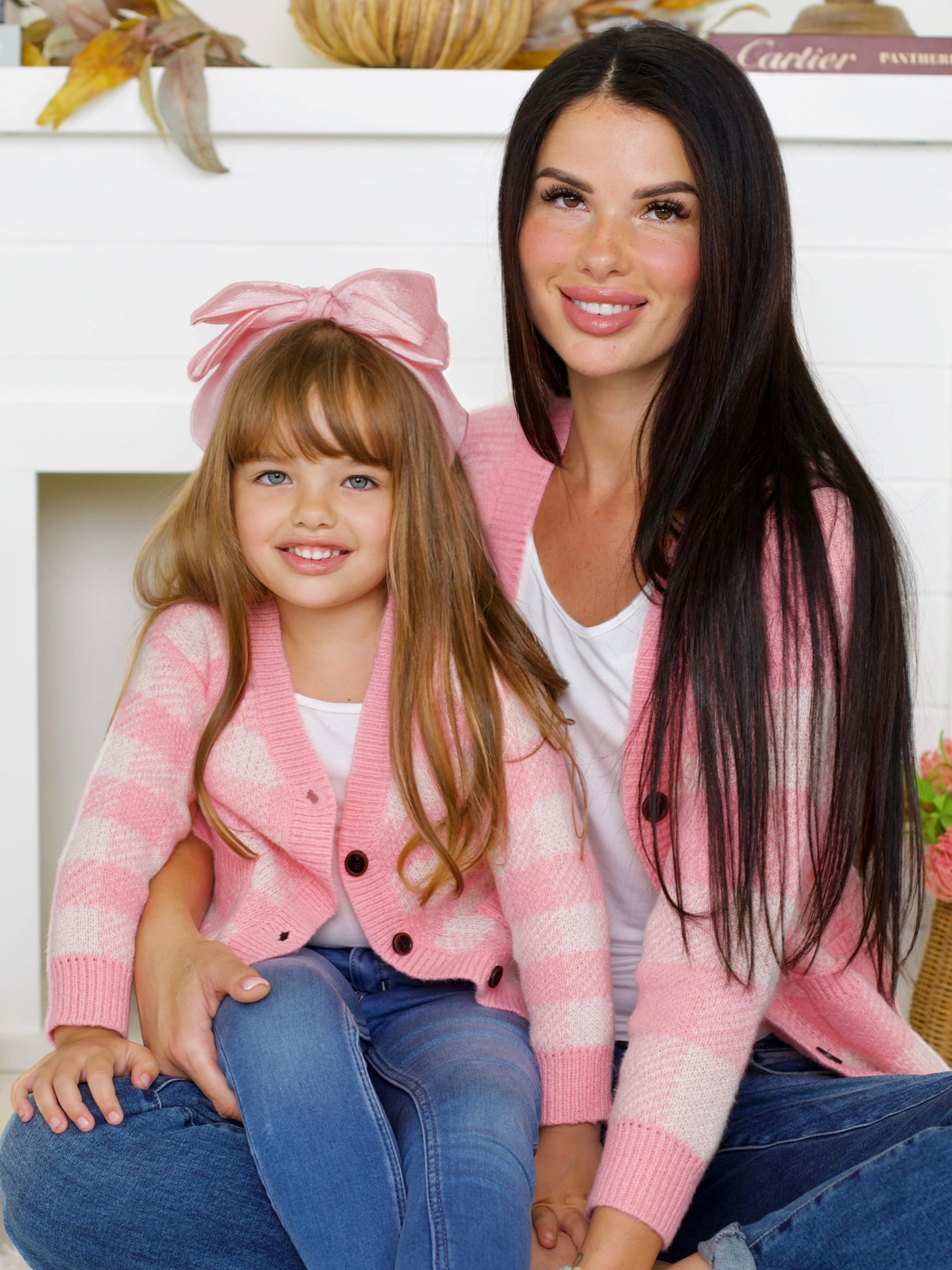 Mommy And Me Pink And White Checkered Oversized Cardigan