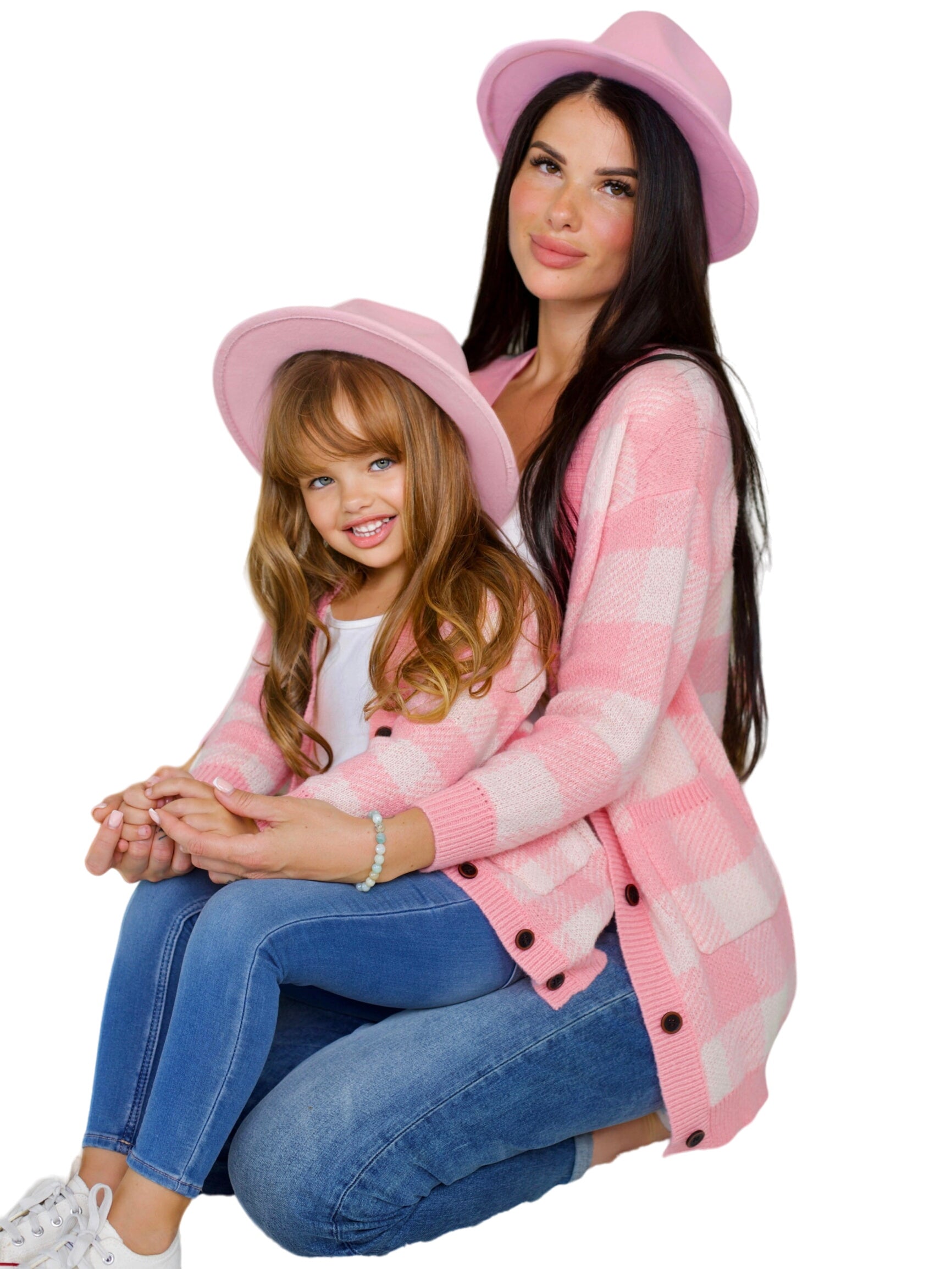 Mommy And Me Pink And White Checkered Oversized Cardigan