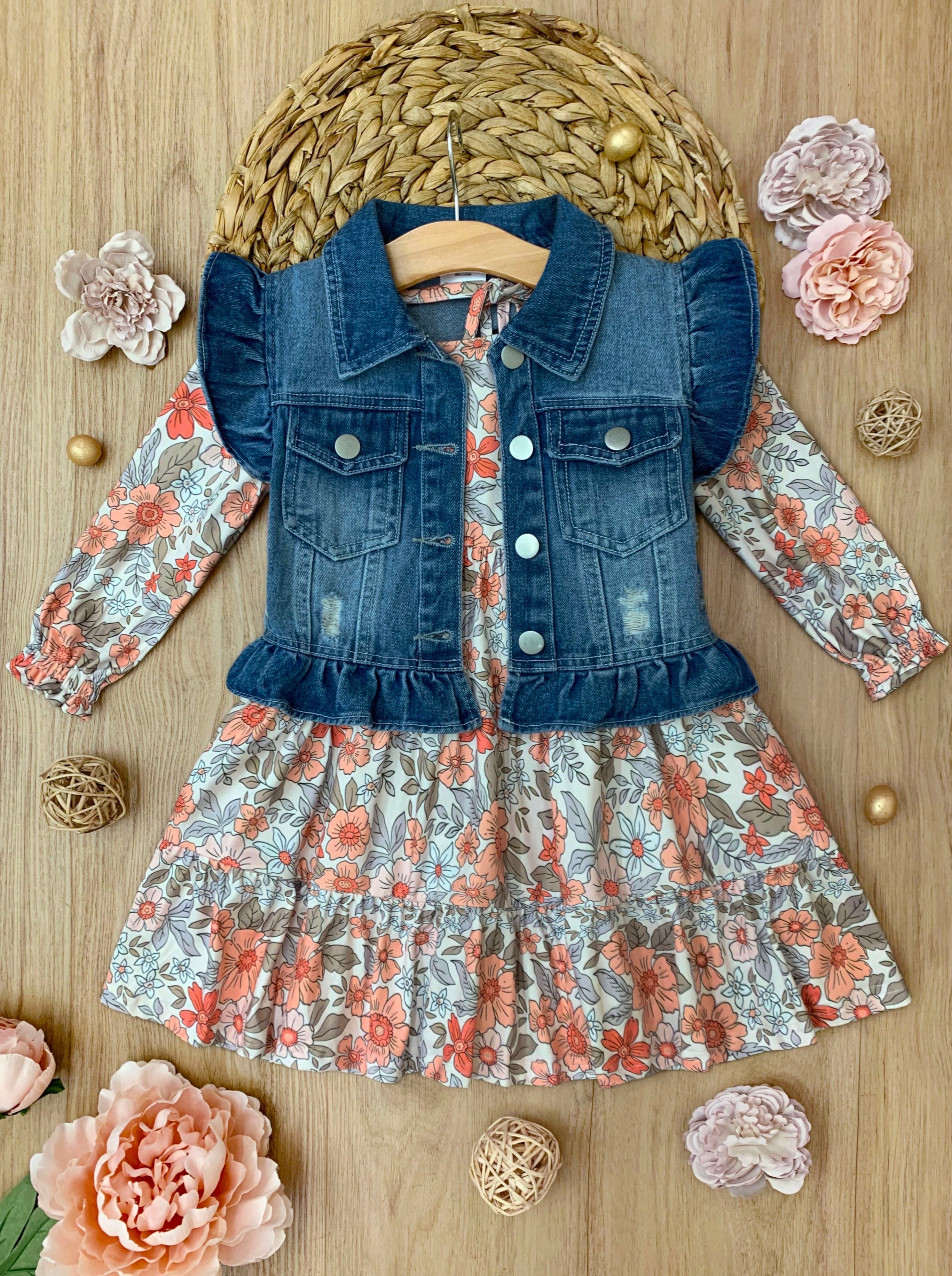 Always In Bloom Denim Vest And Floral Dress Set