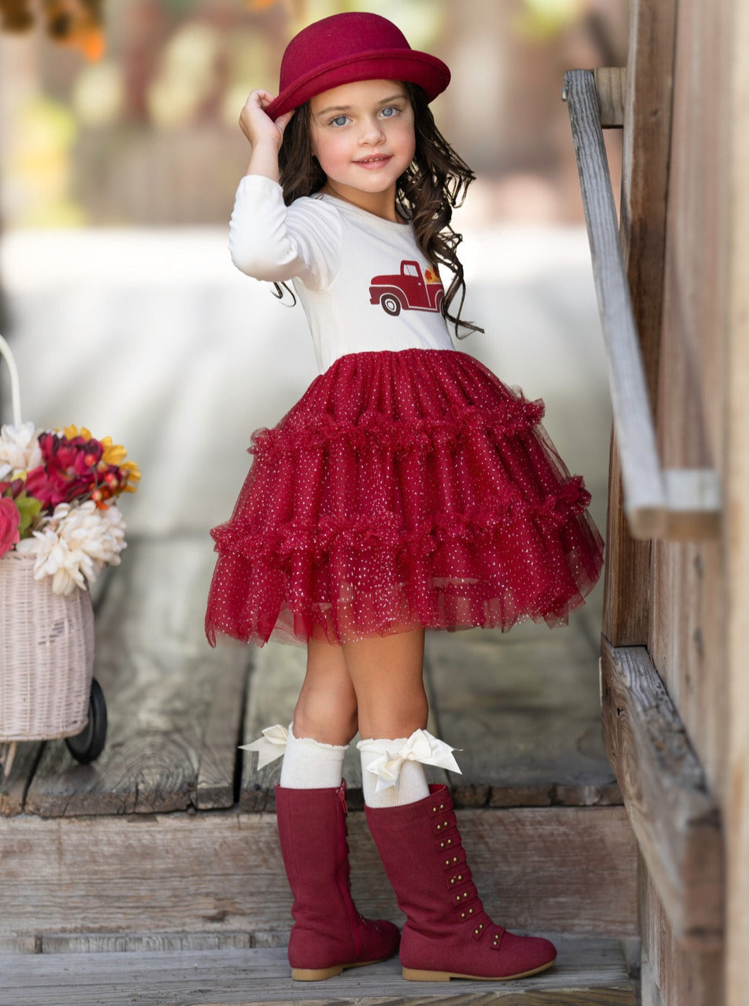 Red Truck Leaves Ruffled Tutu Dress