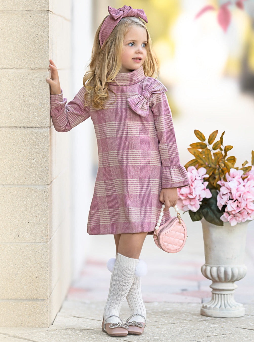 Pretty Pink Tartan Plaid Long Sleeve Shift Dress