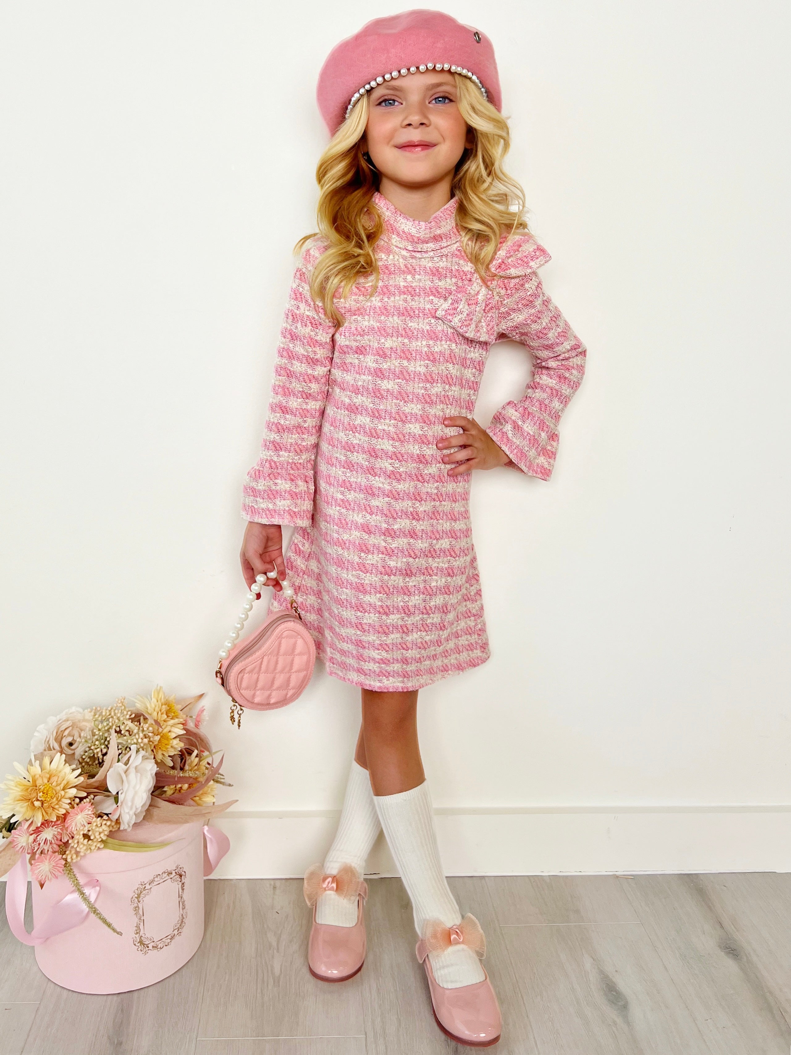 Charming Checked Tweed Pink Dress