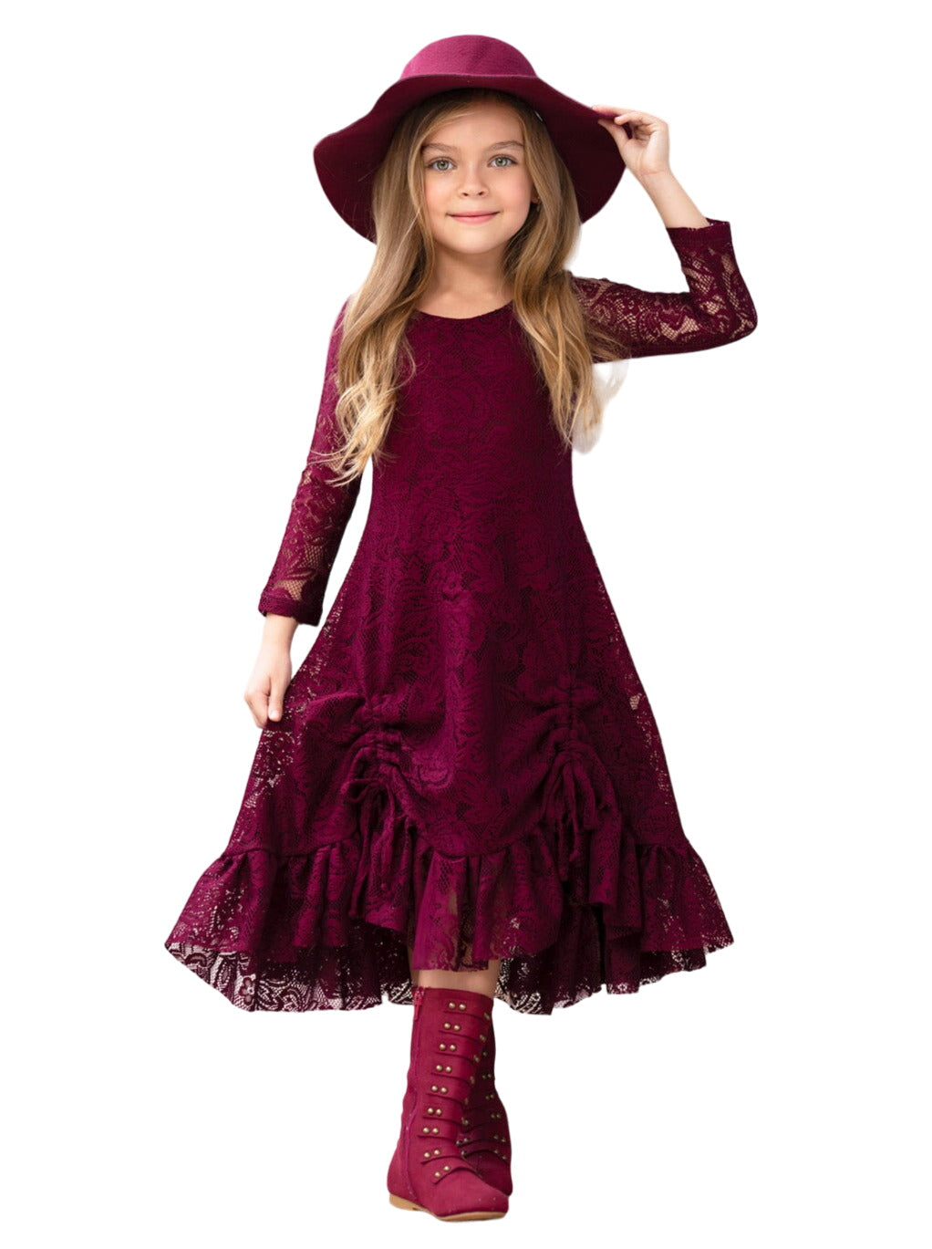 Burgundy Hi-lo Drawstring Lace Ruffle Dress