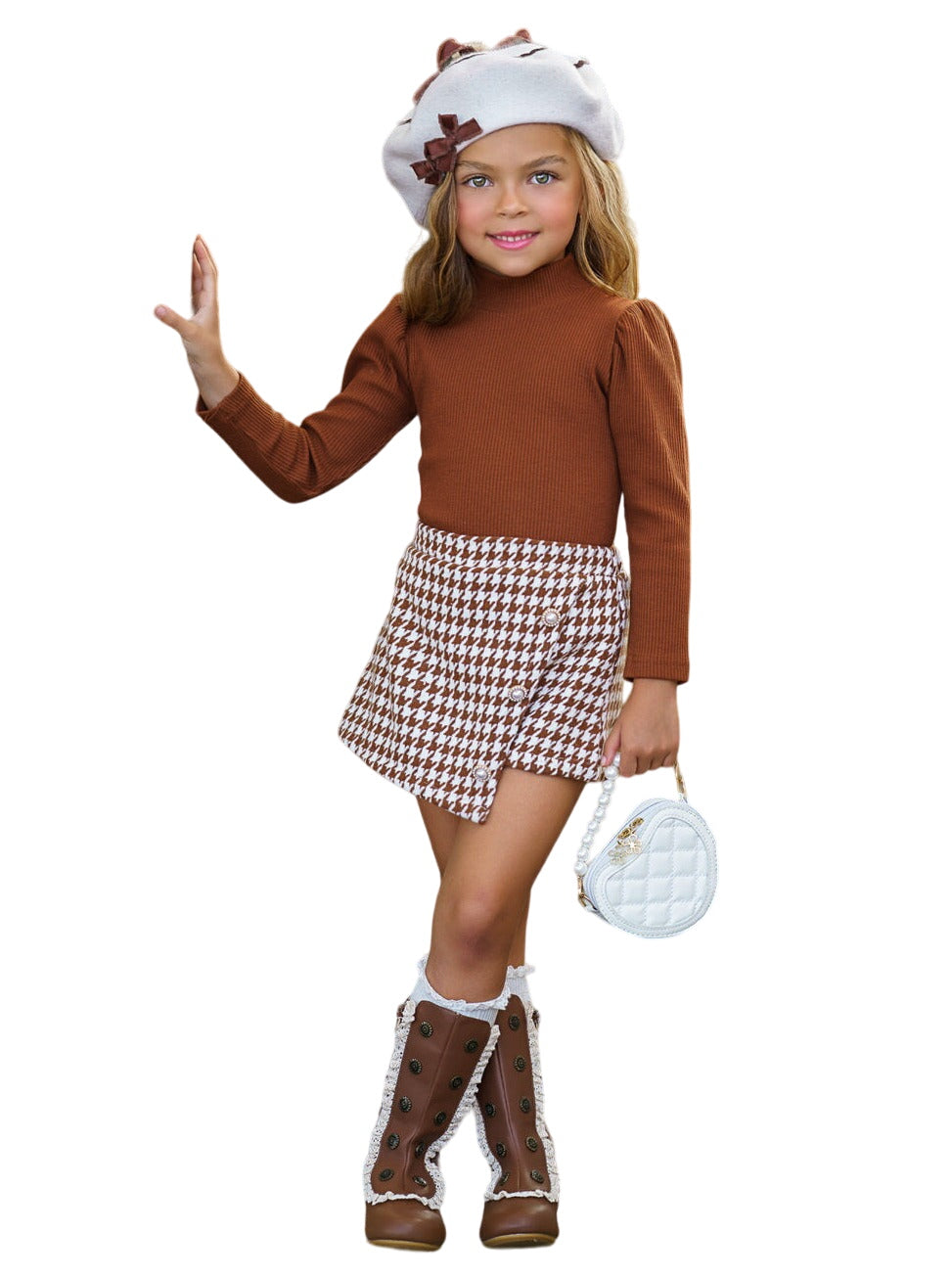 Ootd-ready Brown Turtleneck Top And Houndstooth Skort Set