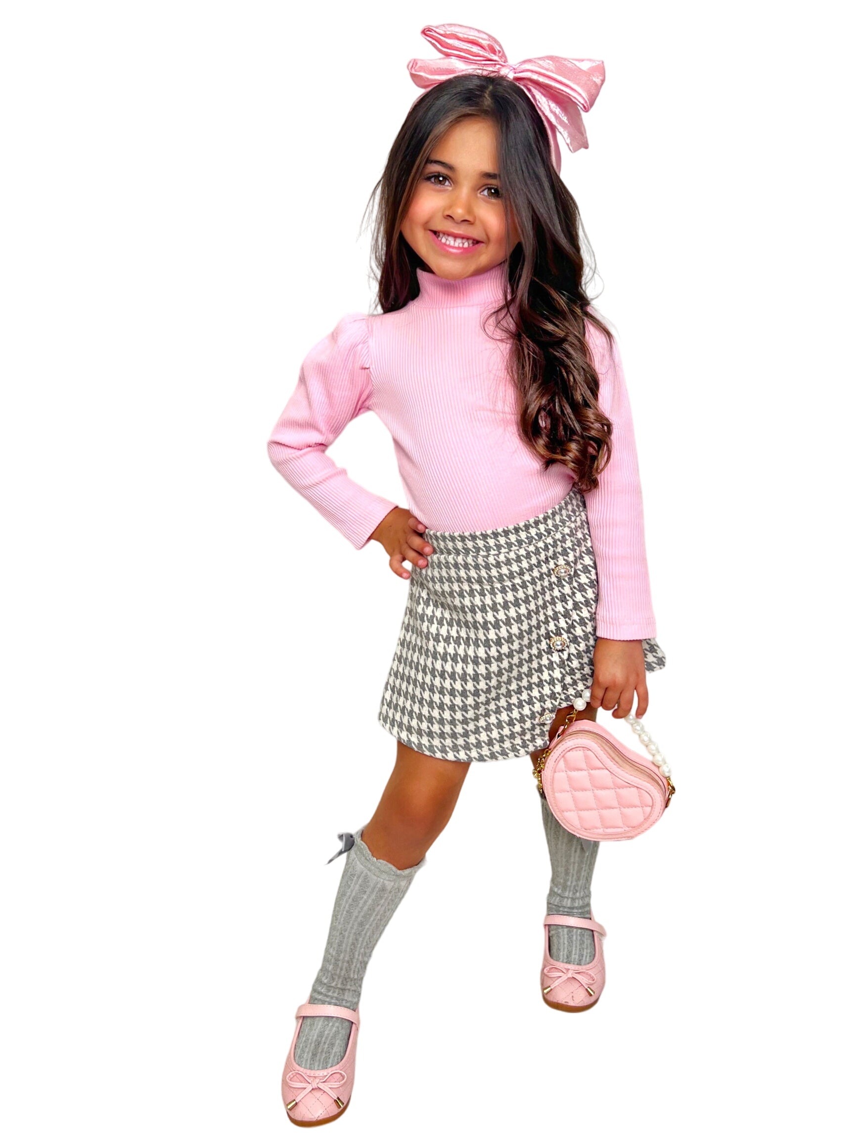 Ootd-ready Pink Turtleneck Top And Houndstooth Skort Set