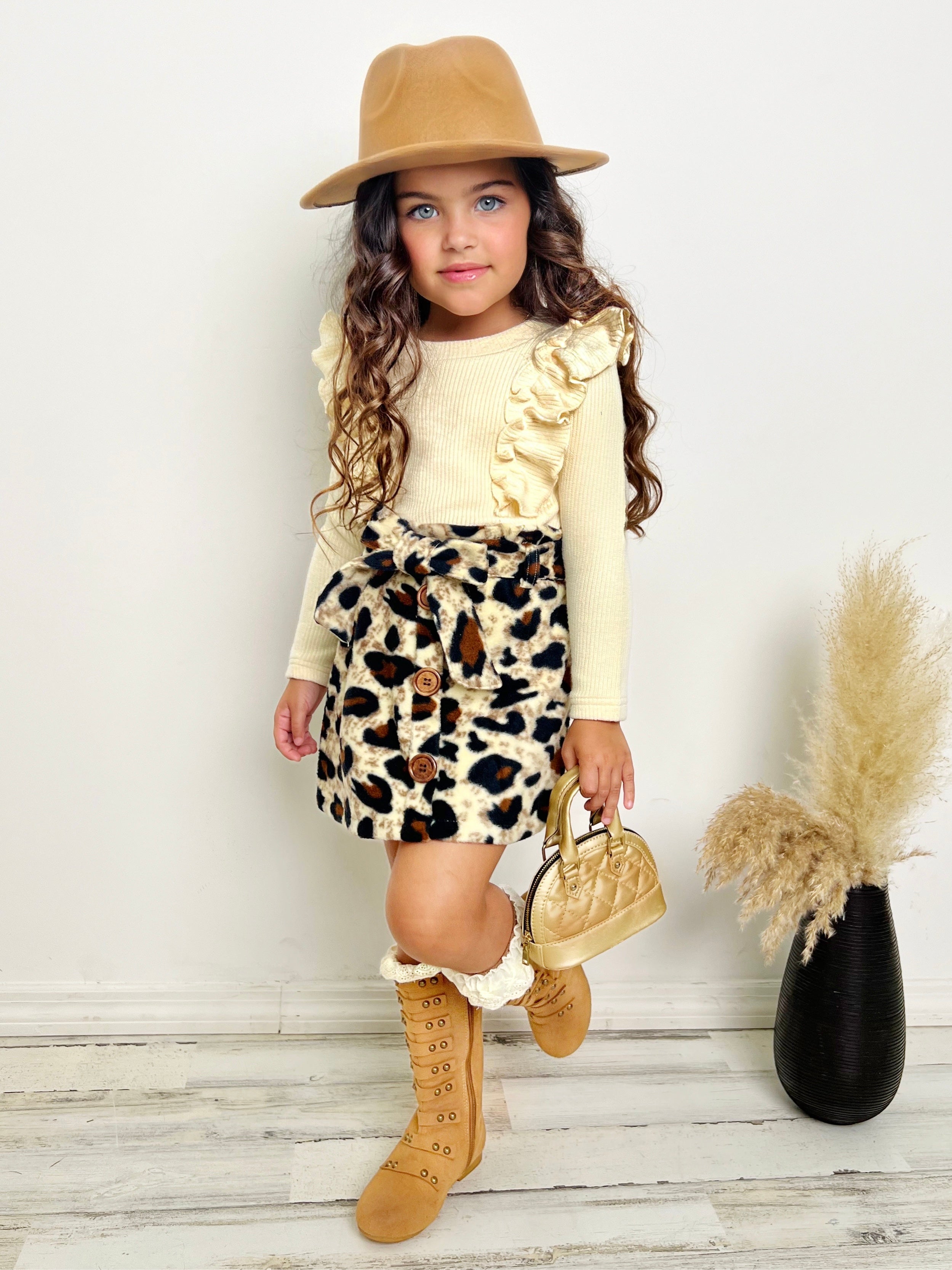 Purrfectly Chic Top And Leopard Print Skirt Set