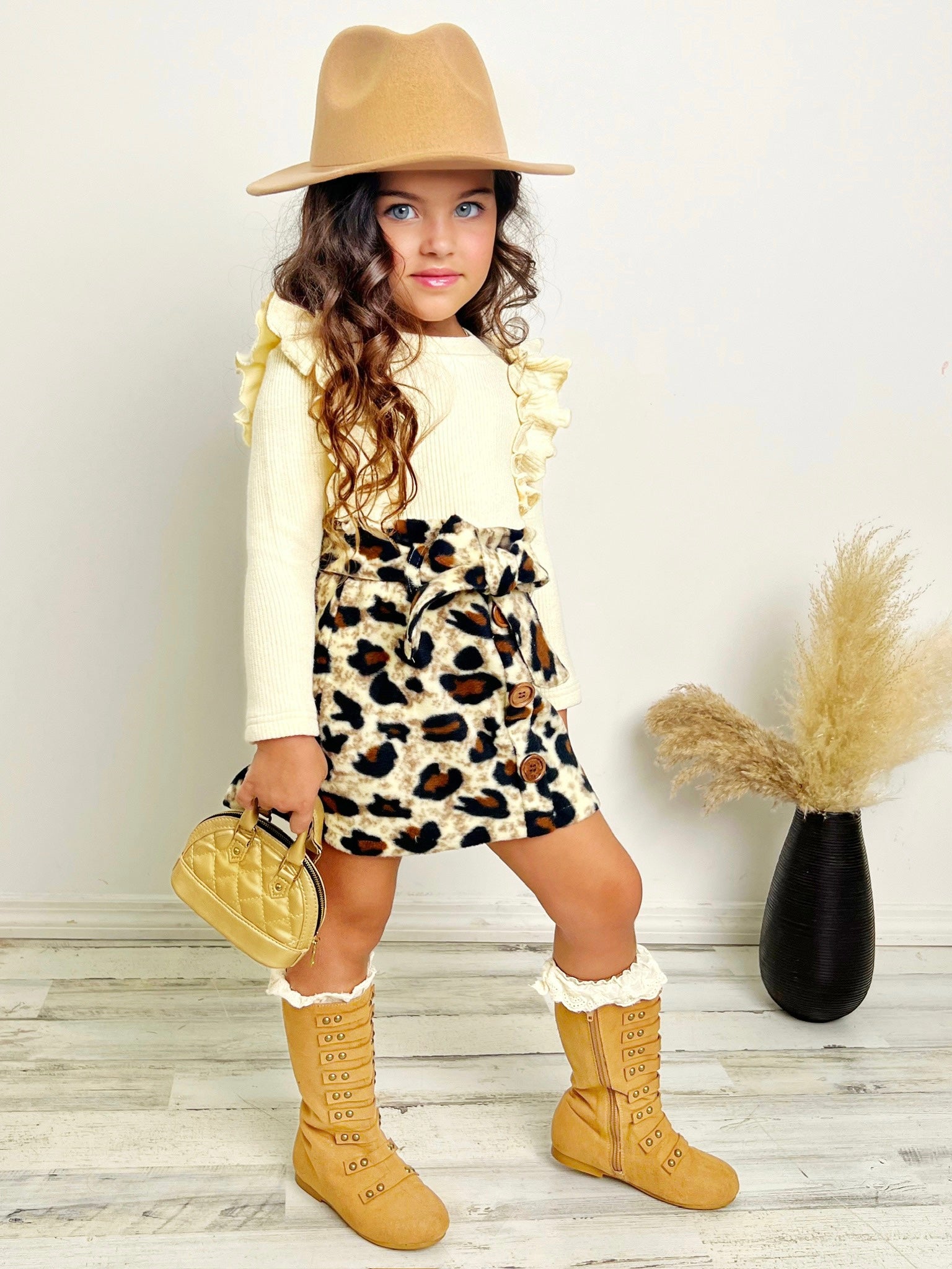 Purrfectly Chic Top And Leopard Print Skirt Set