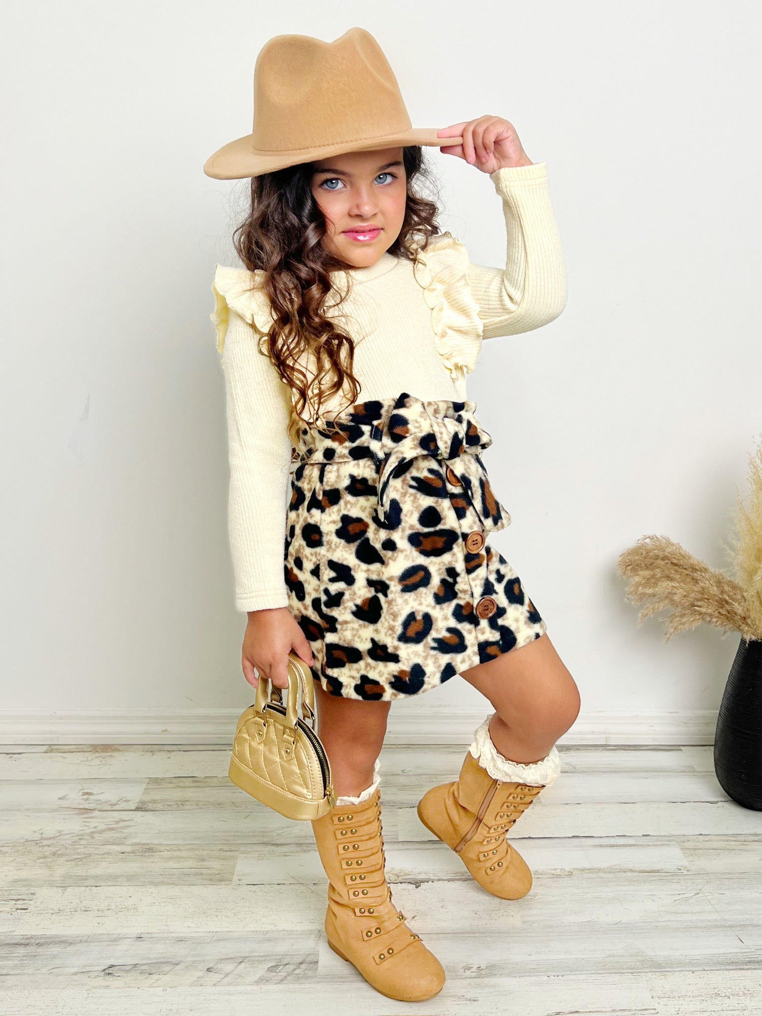 Purrfectly Chic Top And Leopard Print Skirt Set