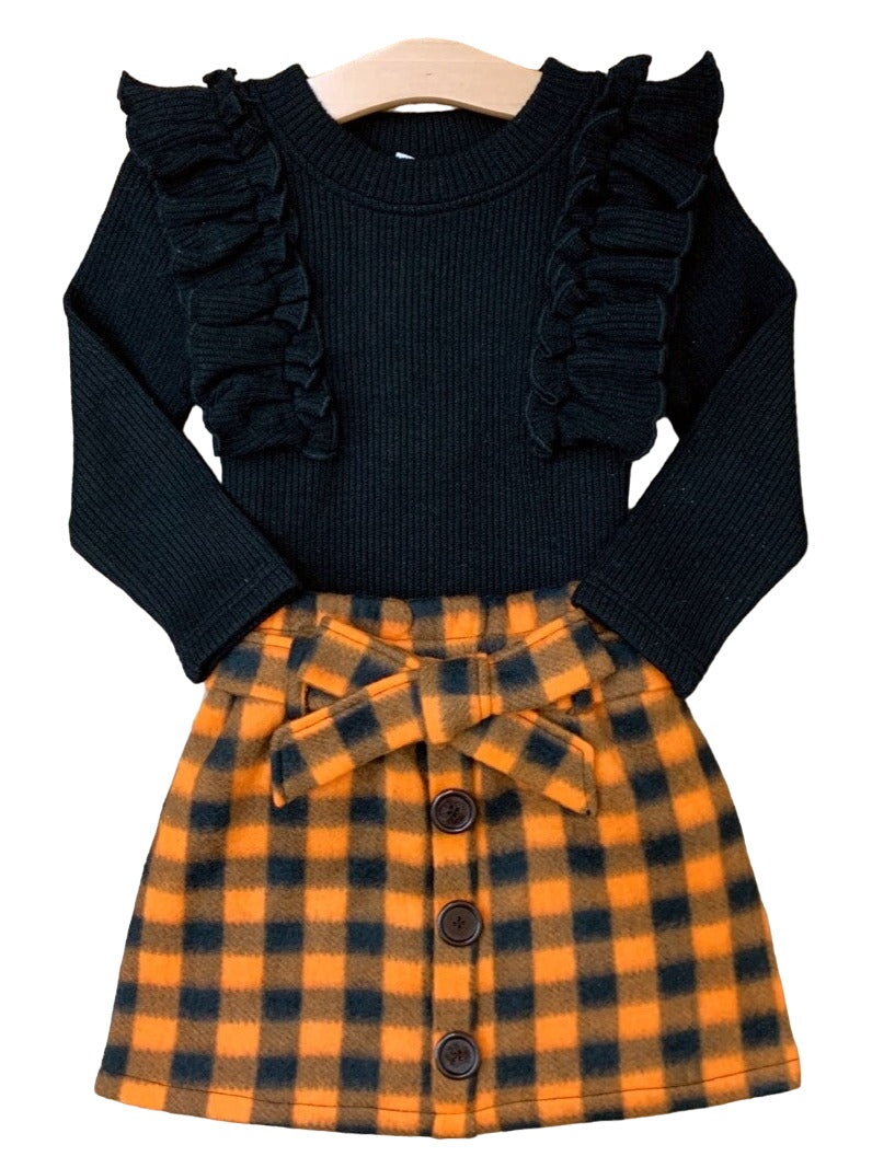 Feels Like Fall Ruffled Top And Checkered Skirt Set