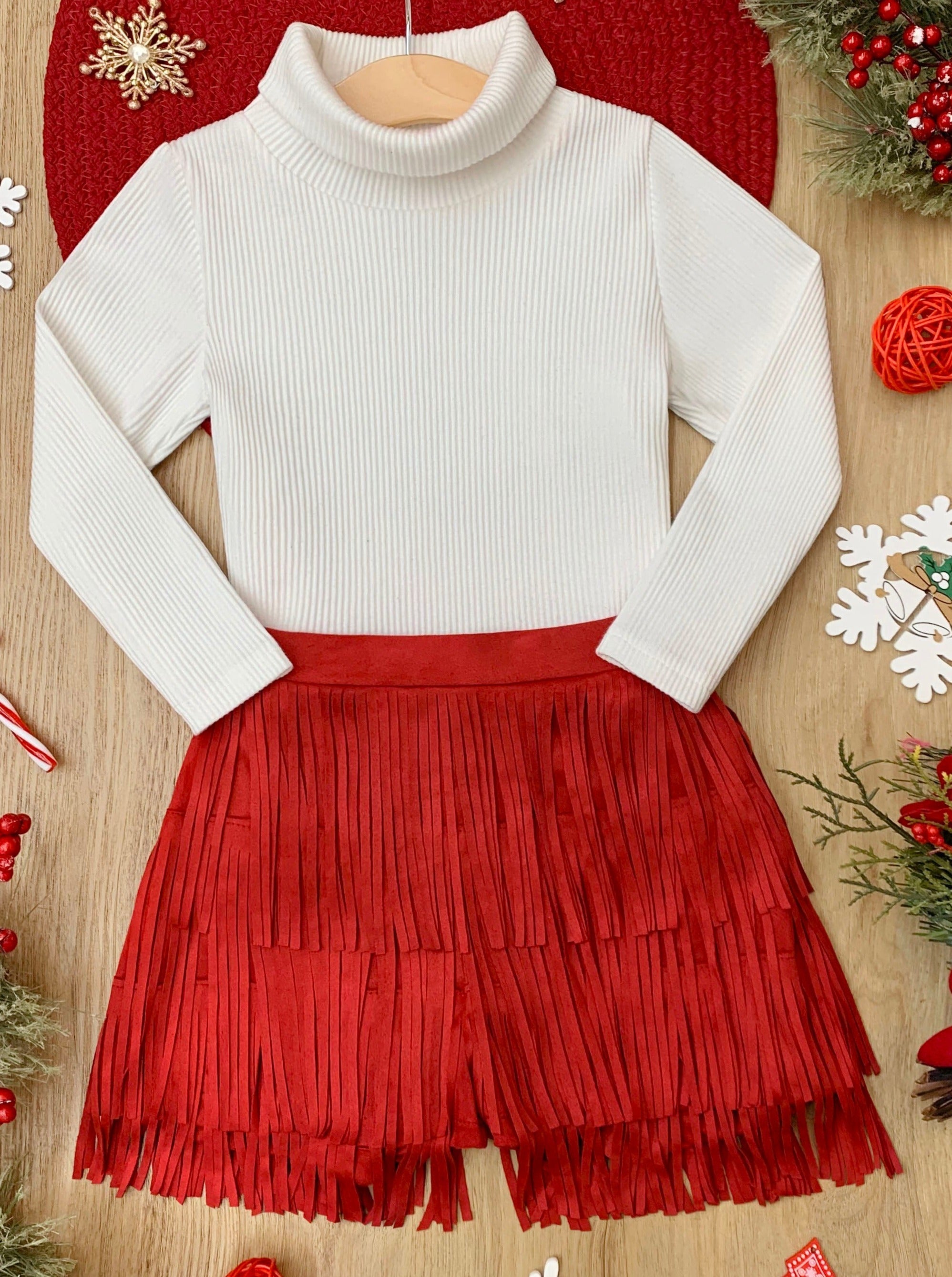 Fringe And Fabulous Rib Knit Turtleneck And Red Fringe Skirt Set