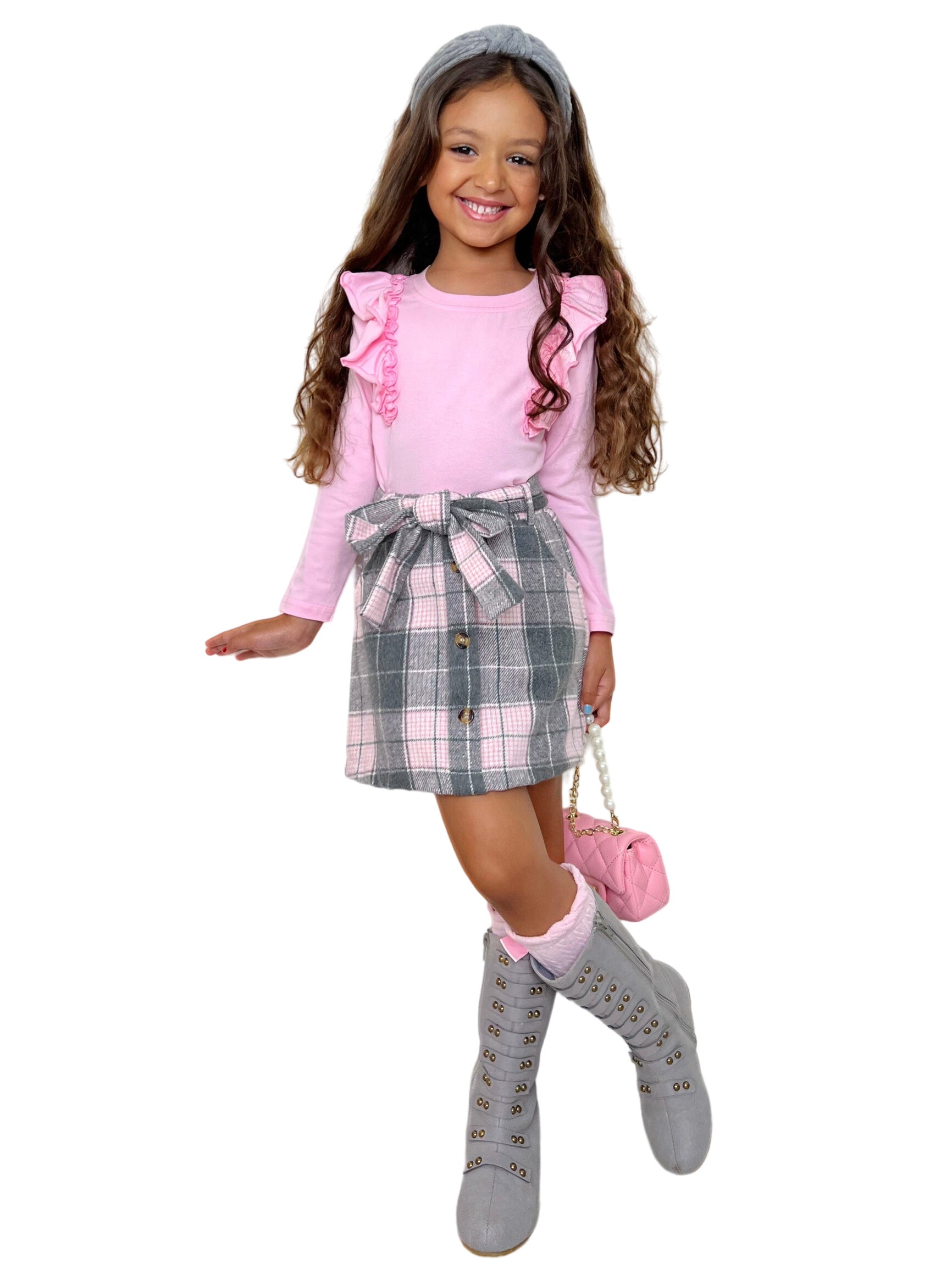 Pink Ruffles Top And Plaid Delight Brushed Fleece Skirt Set