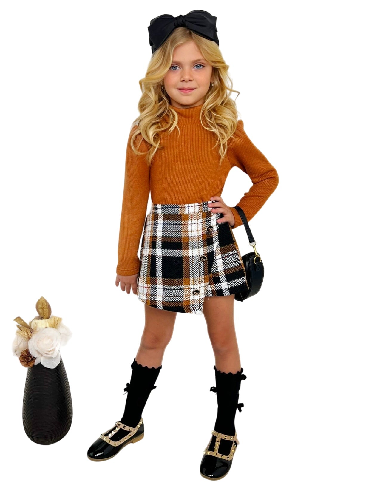 Rust Turtleneck Top And Plaid Skort Set