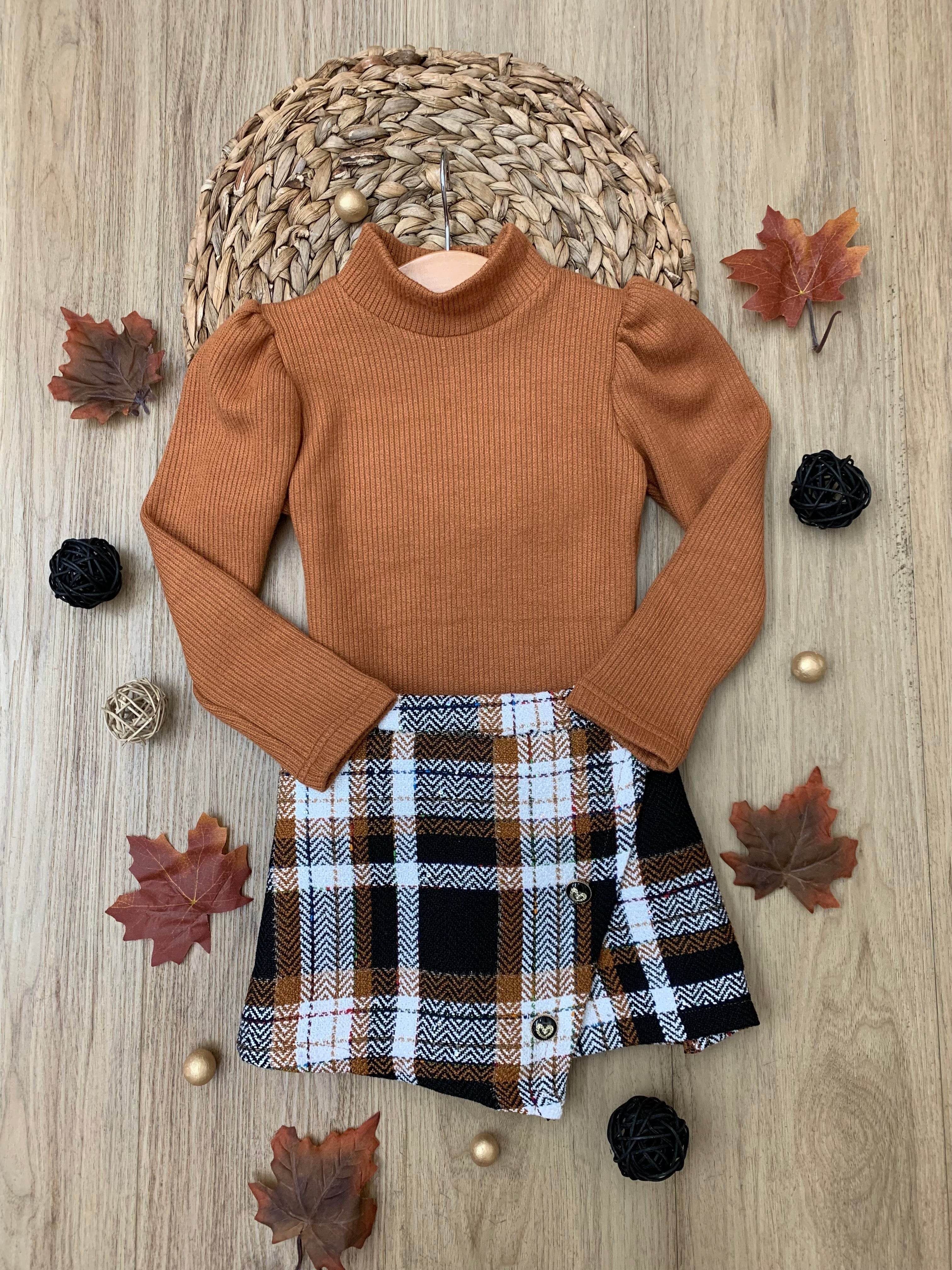 Rust Turtleneck Top And Plaid Skort Set