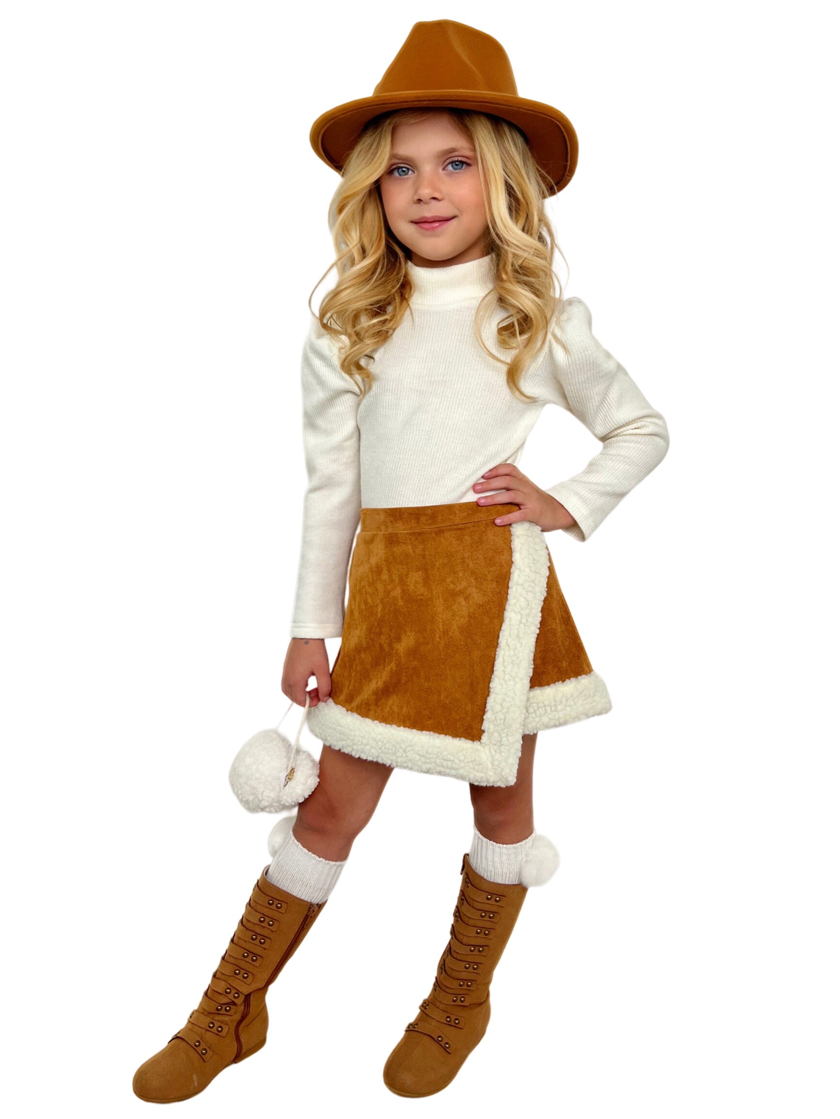 Ivory Turtleneck Top And Camel Fur Trimmed Skort Set