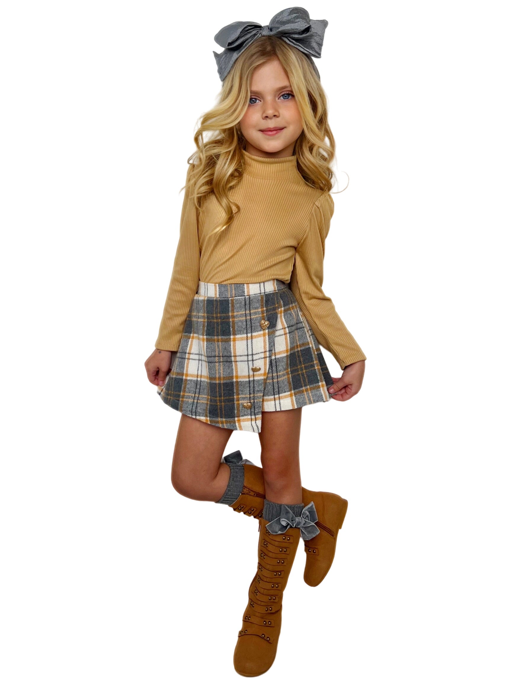 Beige Turtleneck Top And Plaid Skort Set