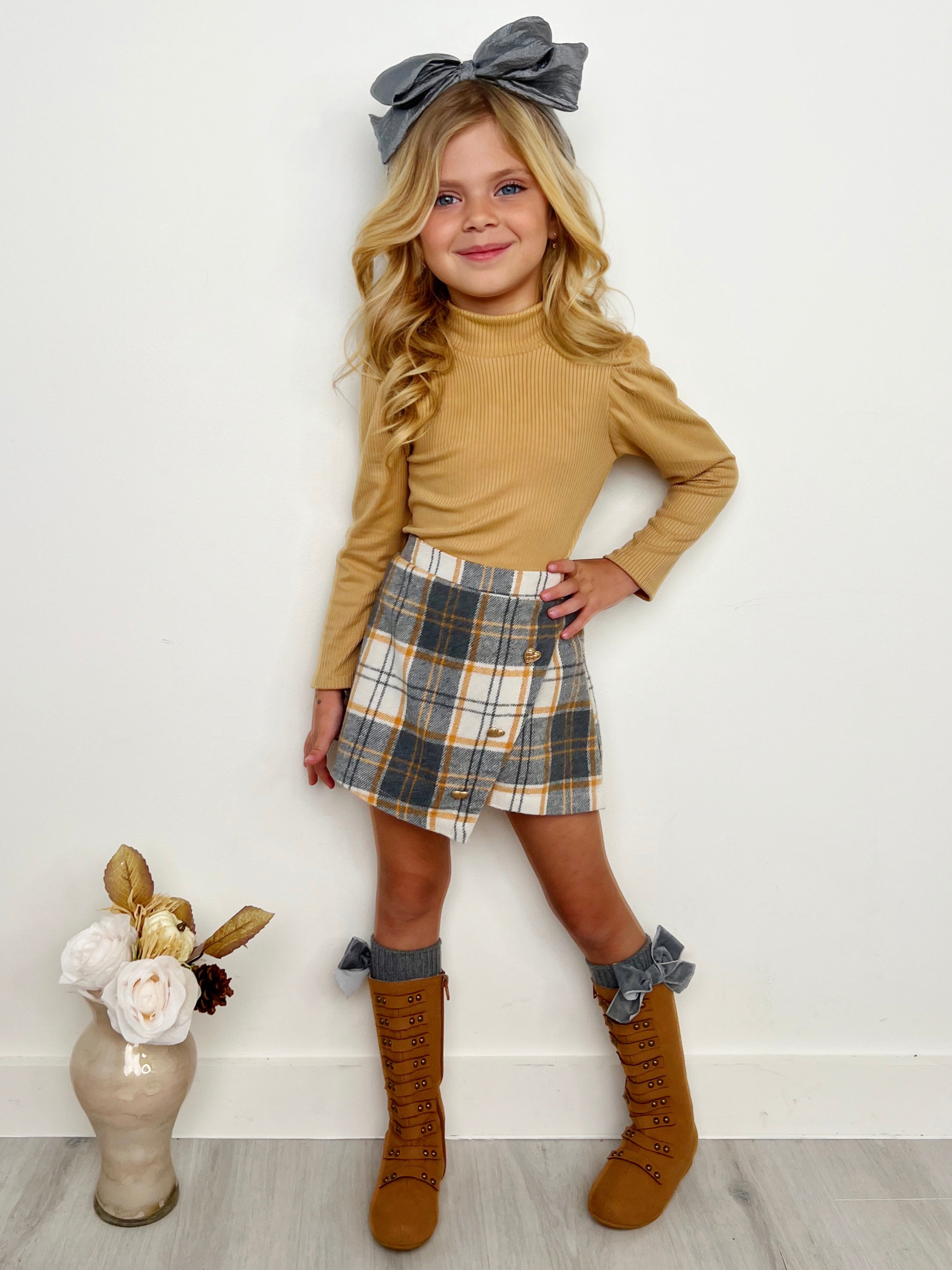 Beige Turtleneck Top And Plaid Skort Set