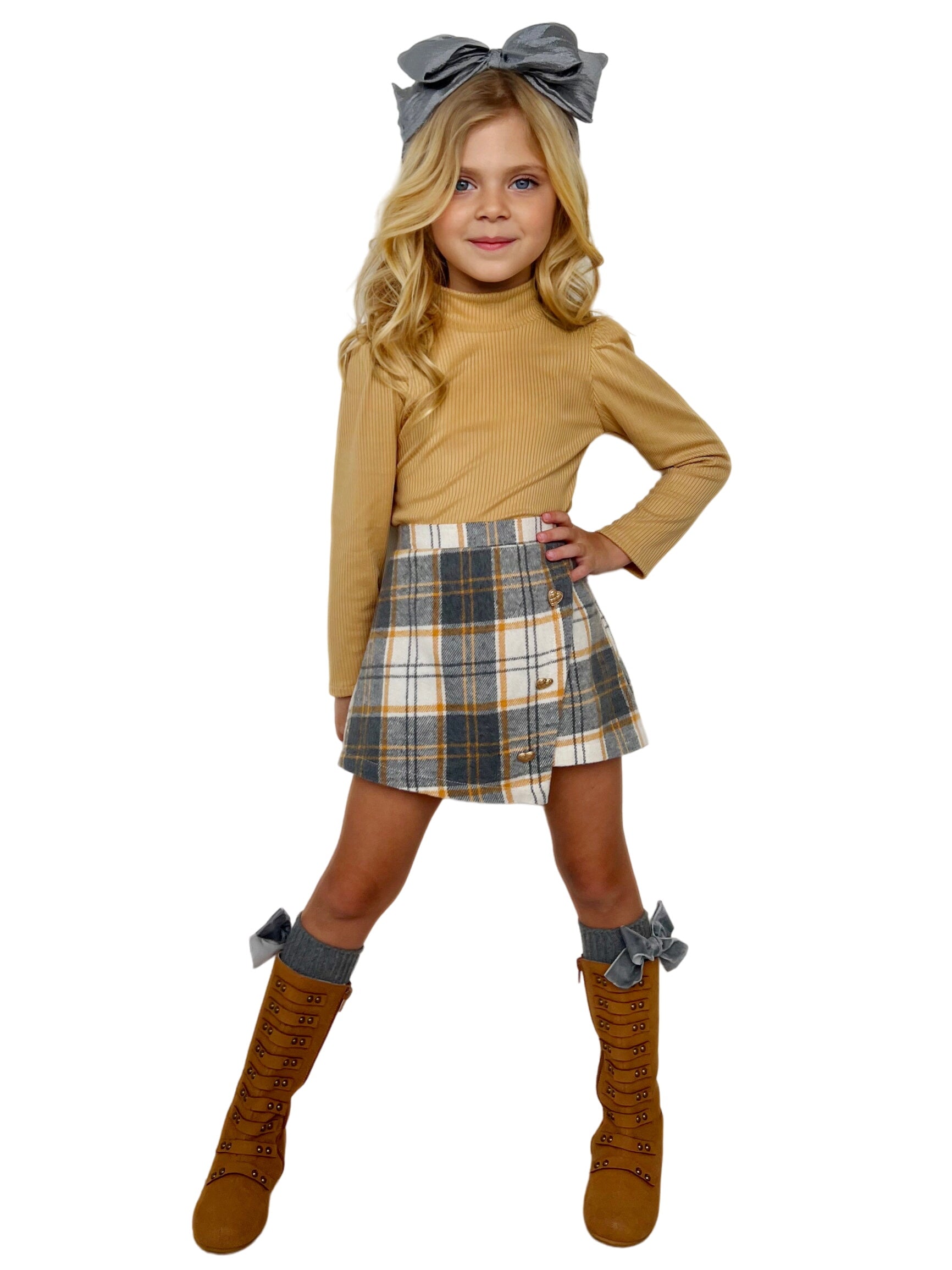 Beige Turtleneck Top And Plaid Skort Set