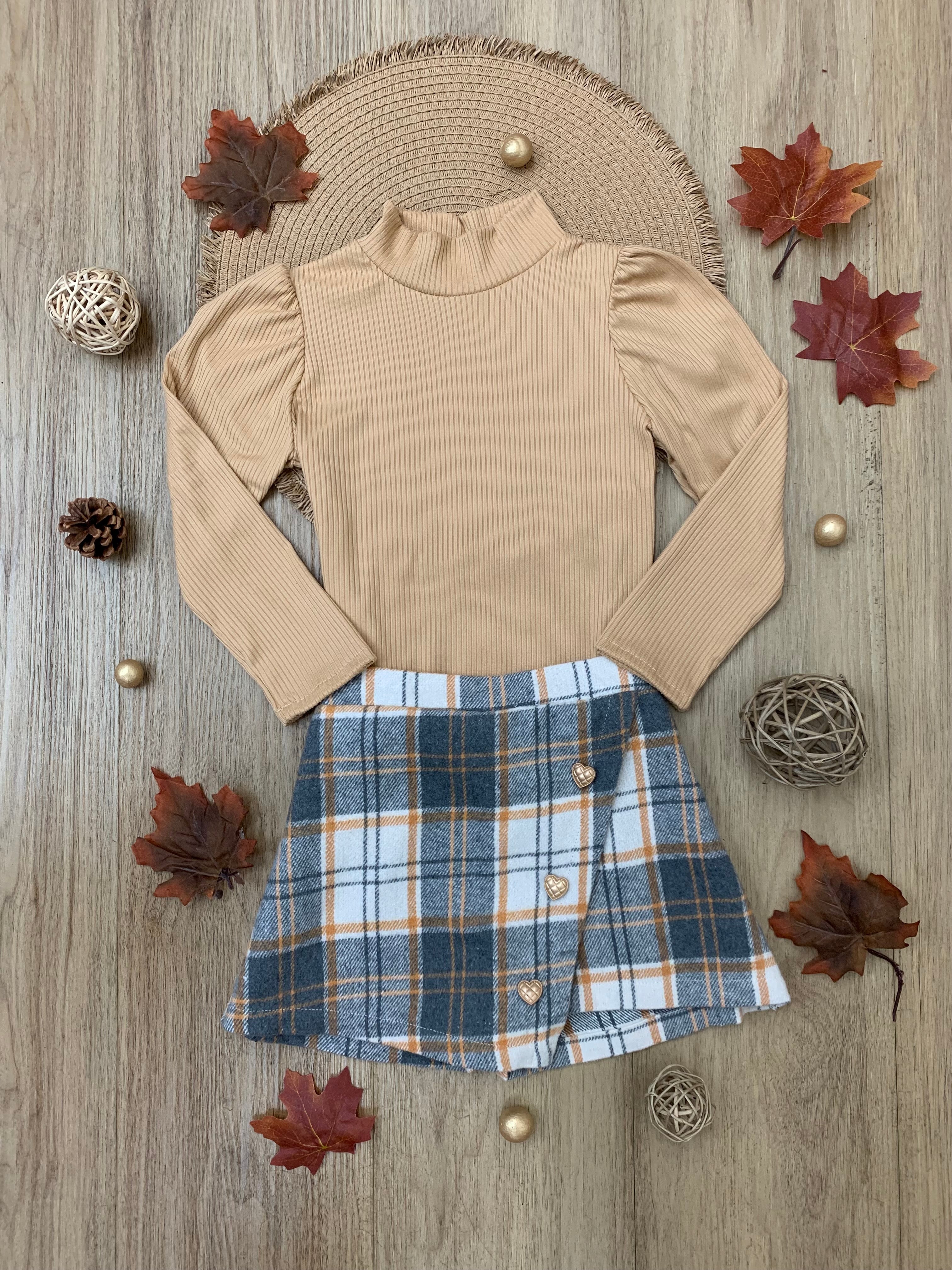 Beige Turtleneck Top And Plaid Skort Set