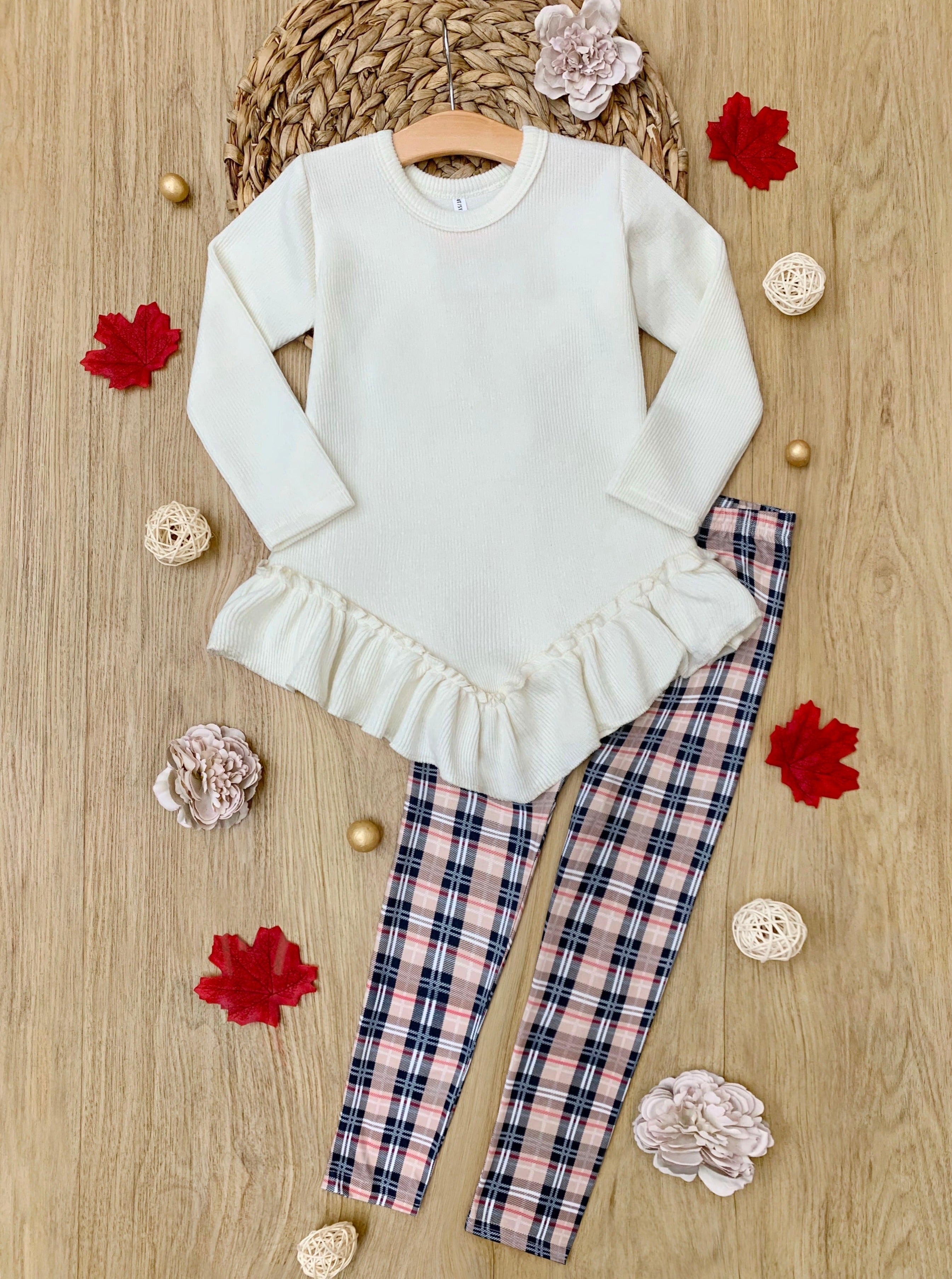 Autumn Breeze Ruffle Tunic And Plaid Legging Set