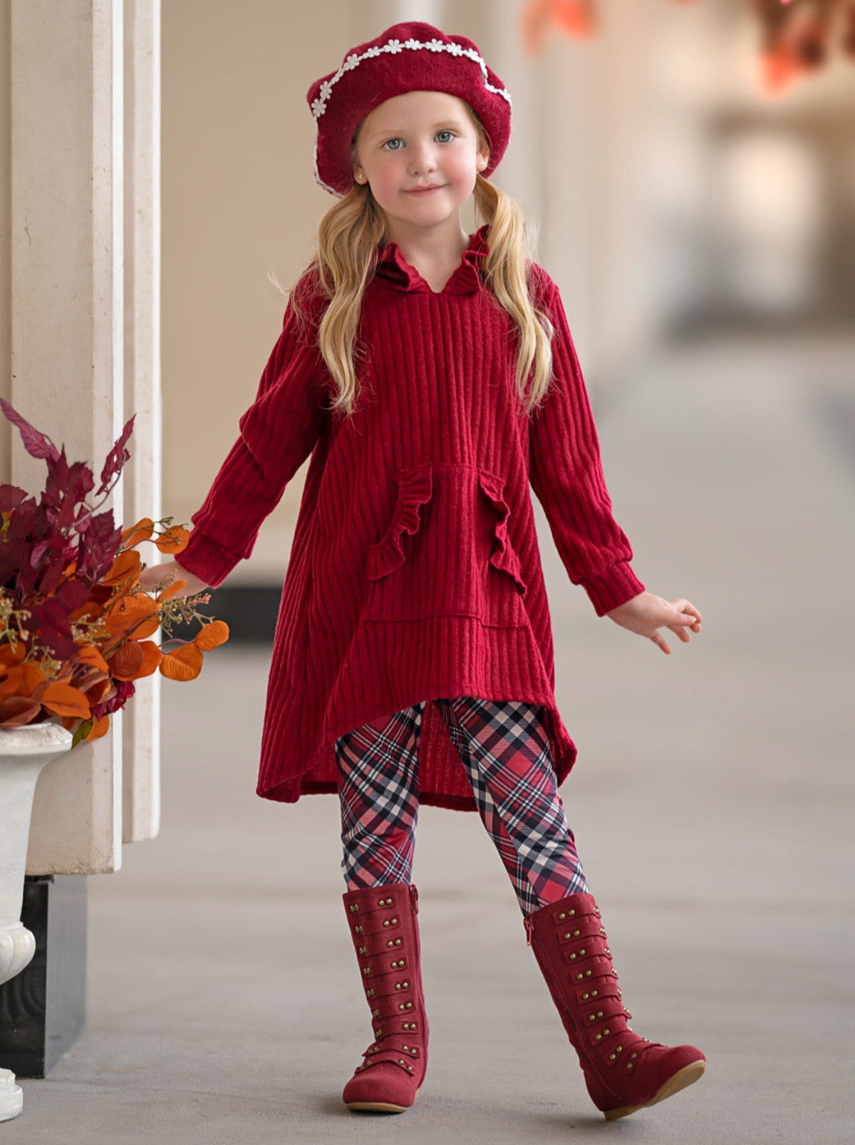 Festive Plaid Girls Hooded Tunic And Legging Set