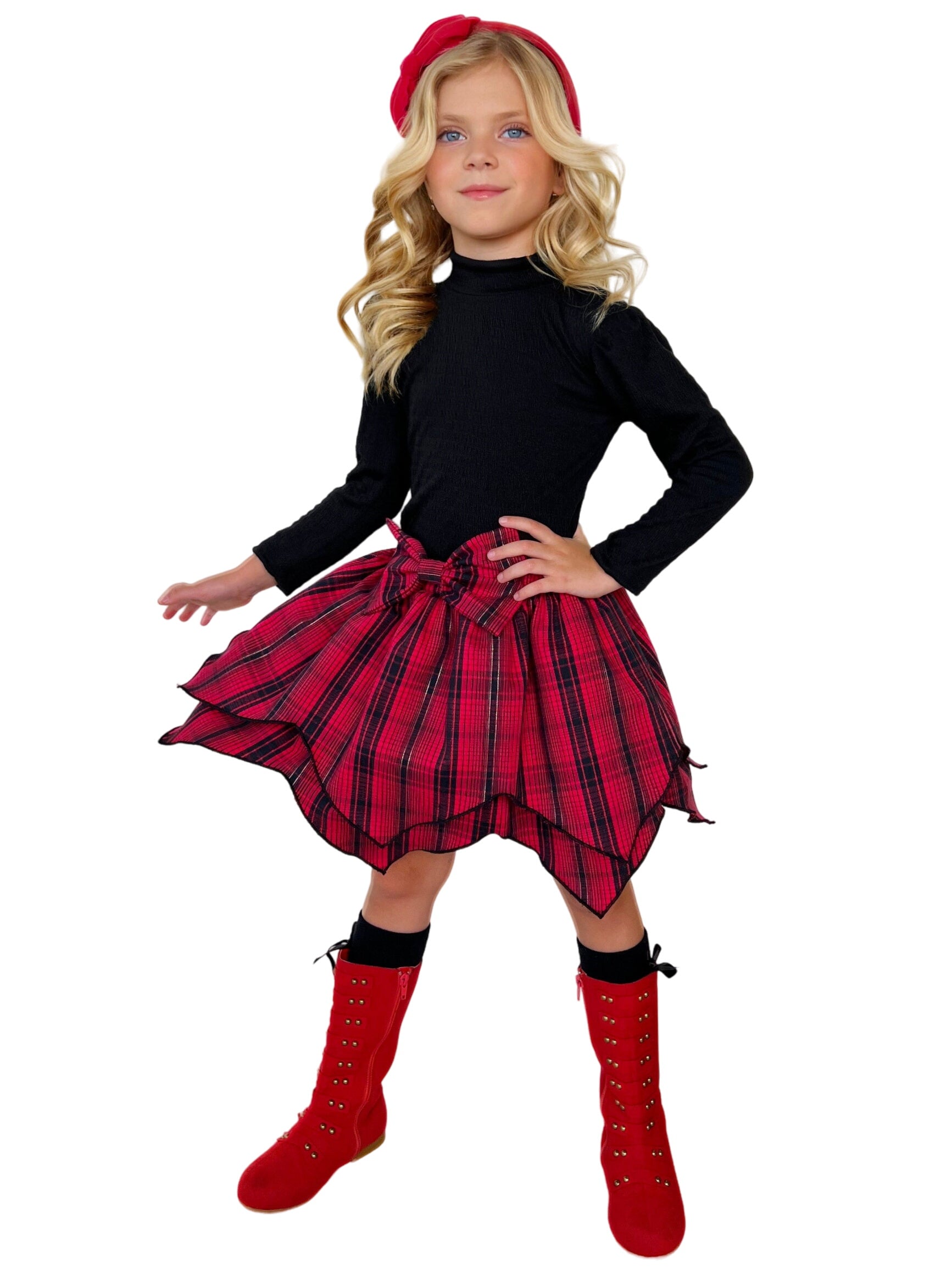 Turtleneck Top And Plaid Hankerchief Skirt Set