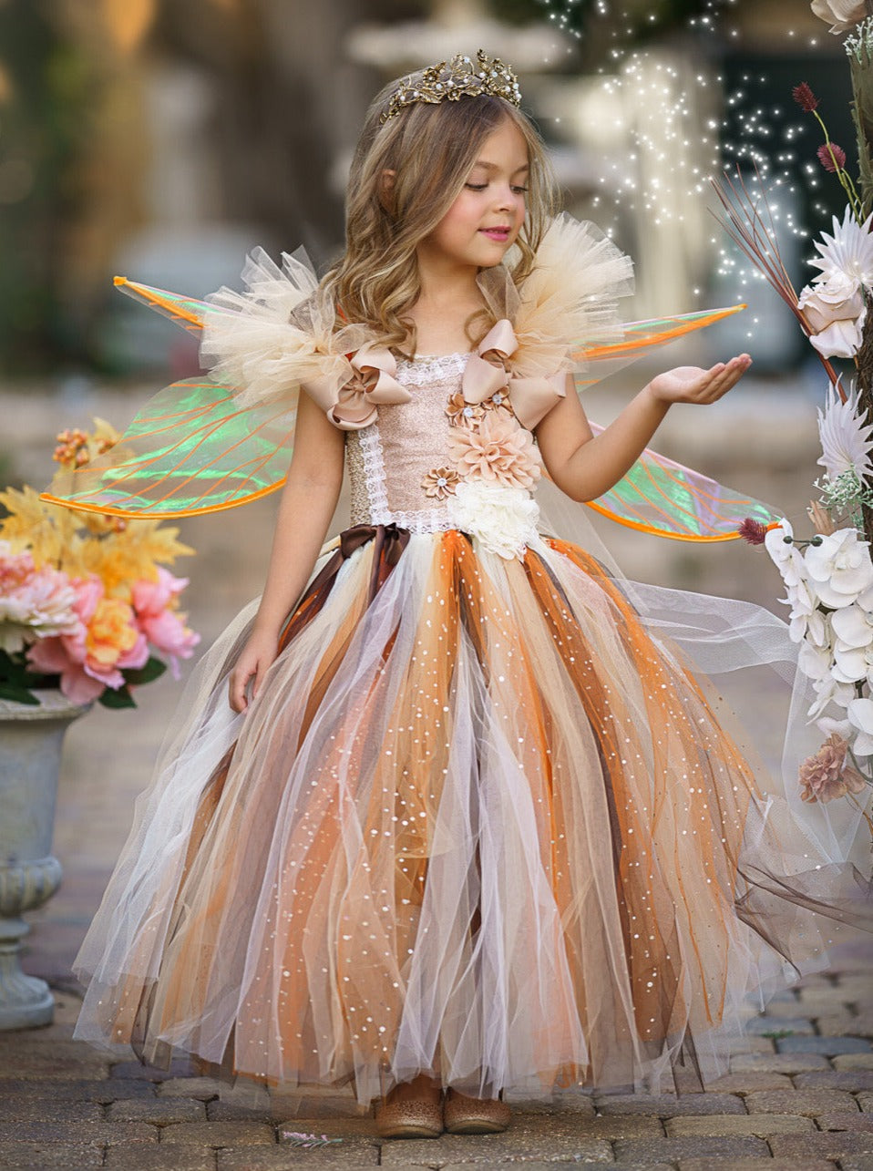 Girls Golden Fairy Sparkle Tutu Costume Dress