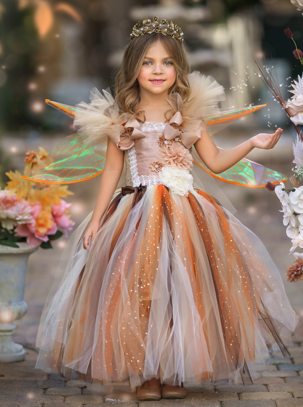 Girls Golden Fairy Sparkle Tutu Costume Dress