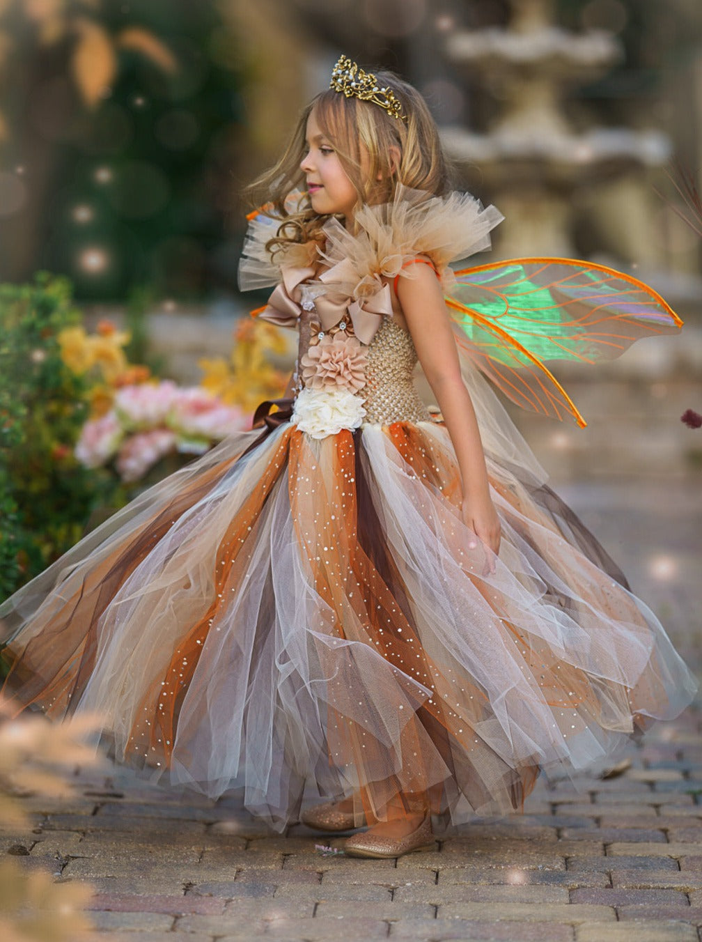 Girls Golden Fairy Sparkle Tutu Costume Dress