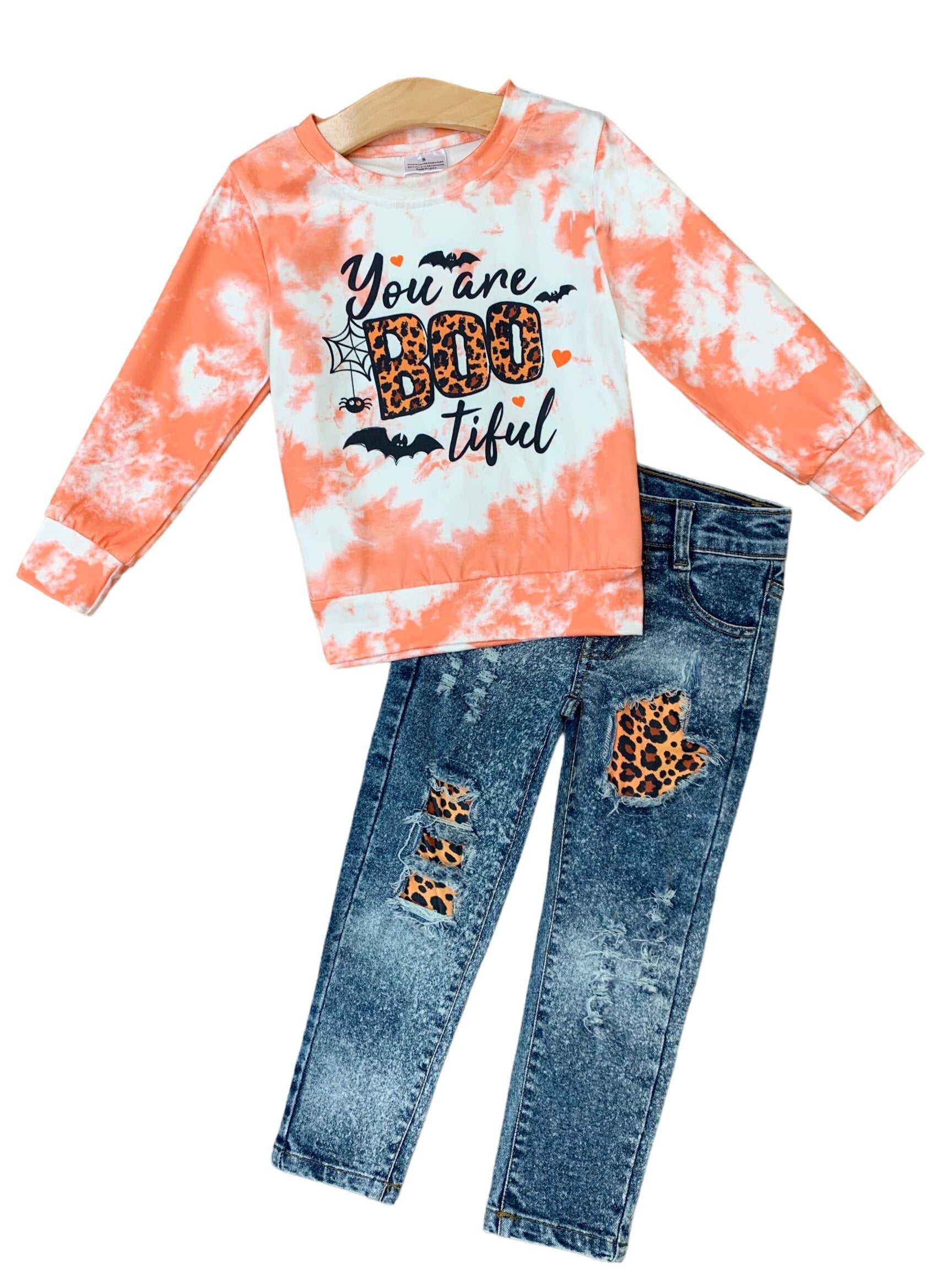 You Are Bootiful Tie Dye Pullover And Patched Jeans Set