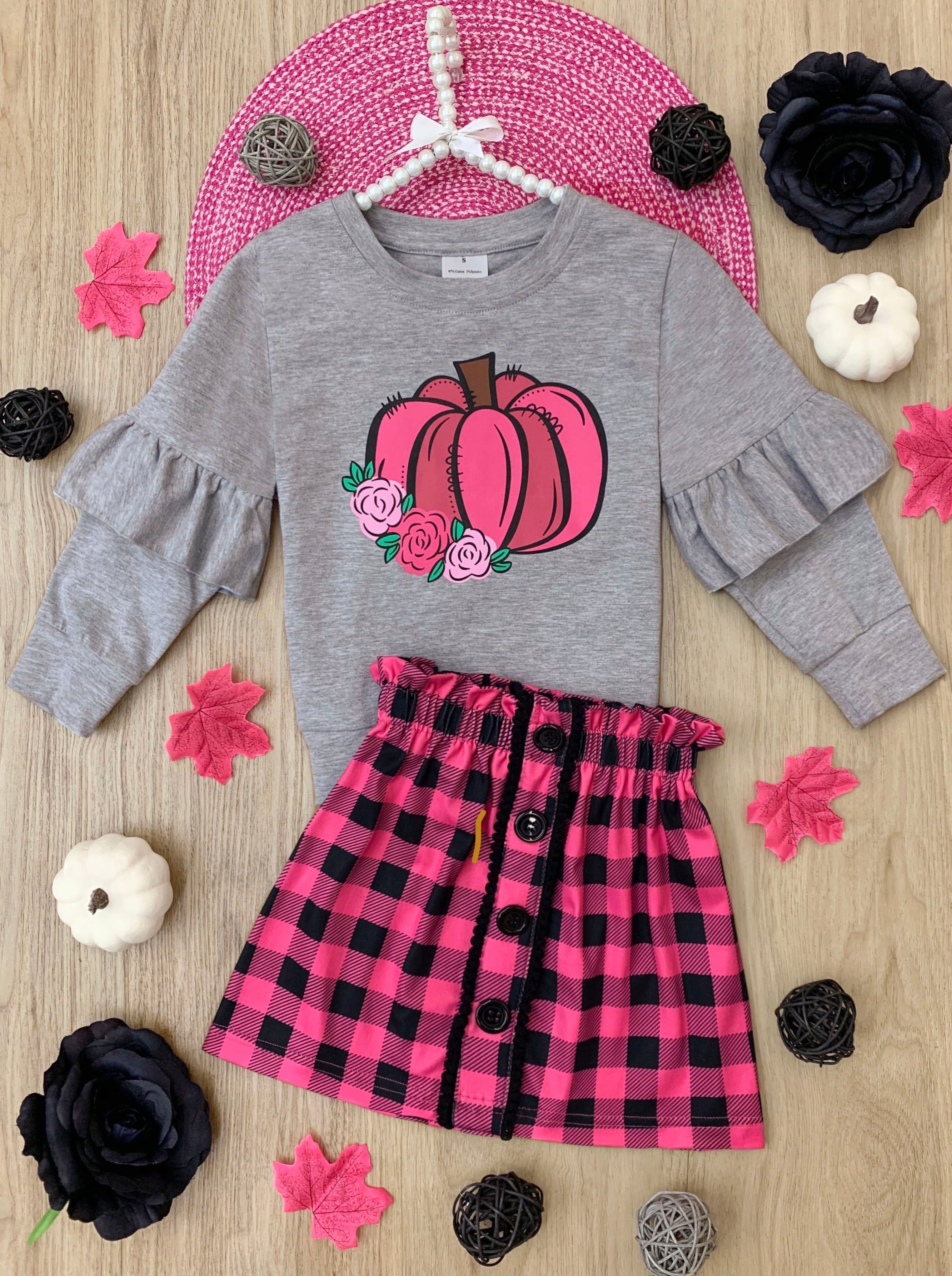 Pumpkin Preppy Ruffle Top And Plaid Skirt Set