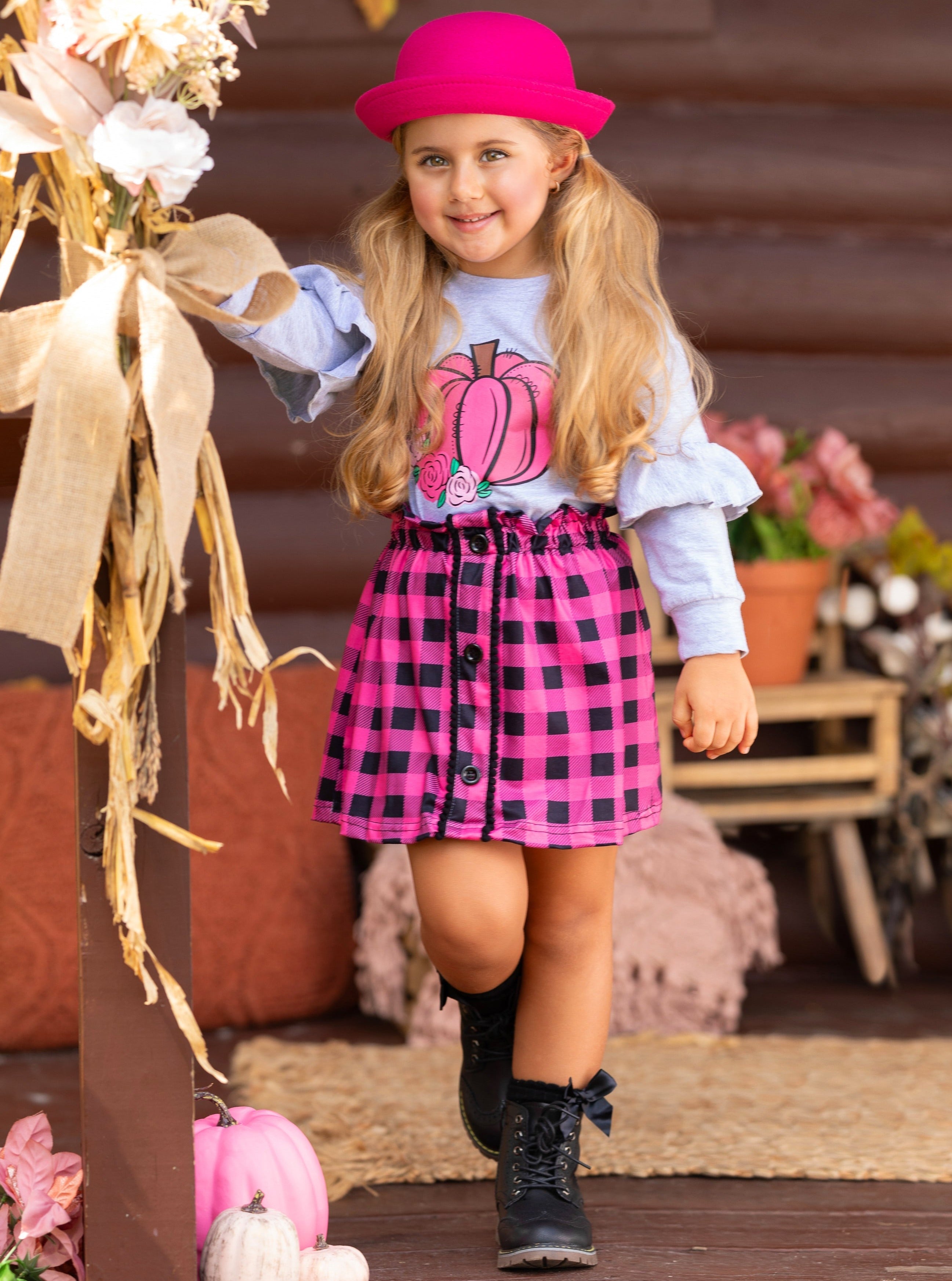 Pumpkin Preppy Ruffle Top And Plaid Skirt Set