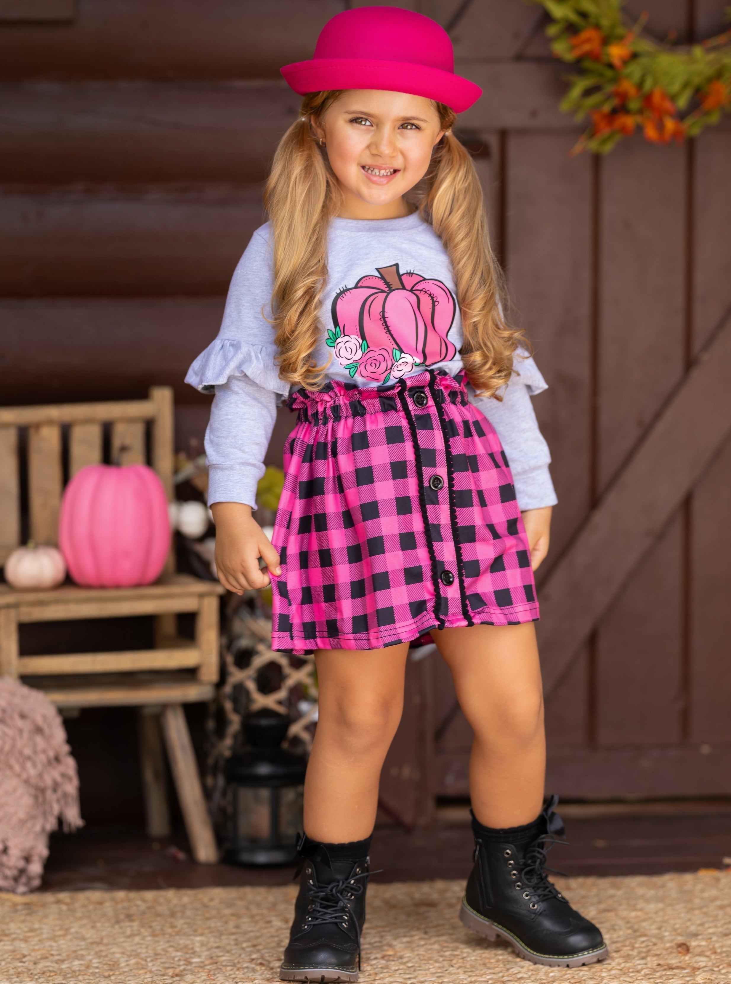 Pumpkin Preppy Ruffle Top And Plaid Skirt Set