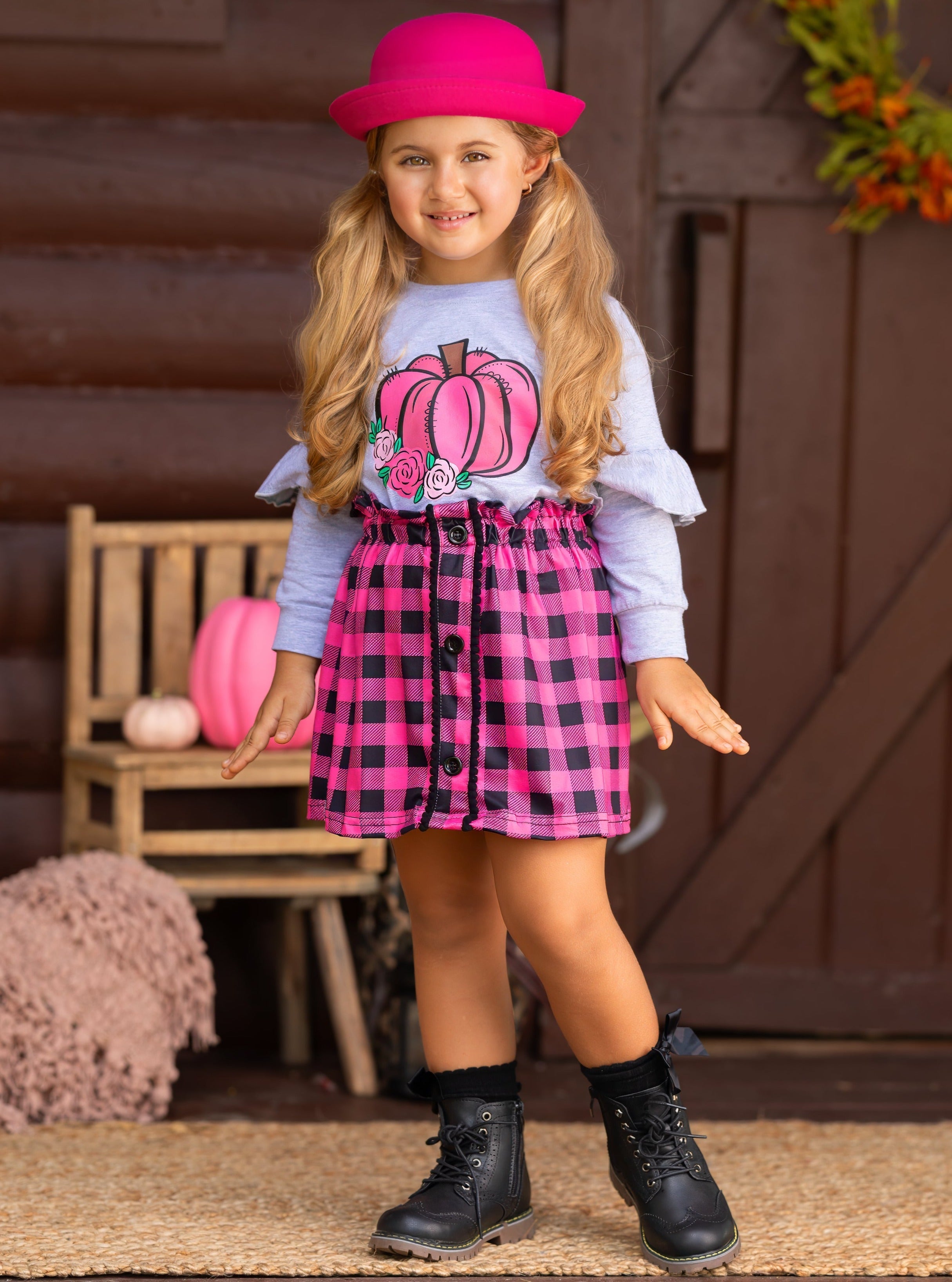 Pumpkin Preppy Ruffle Top And Plaid Skirt Set