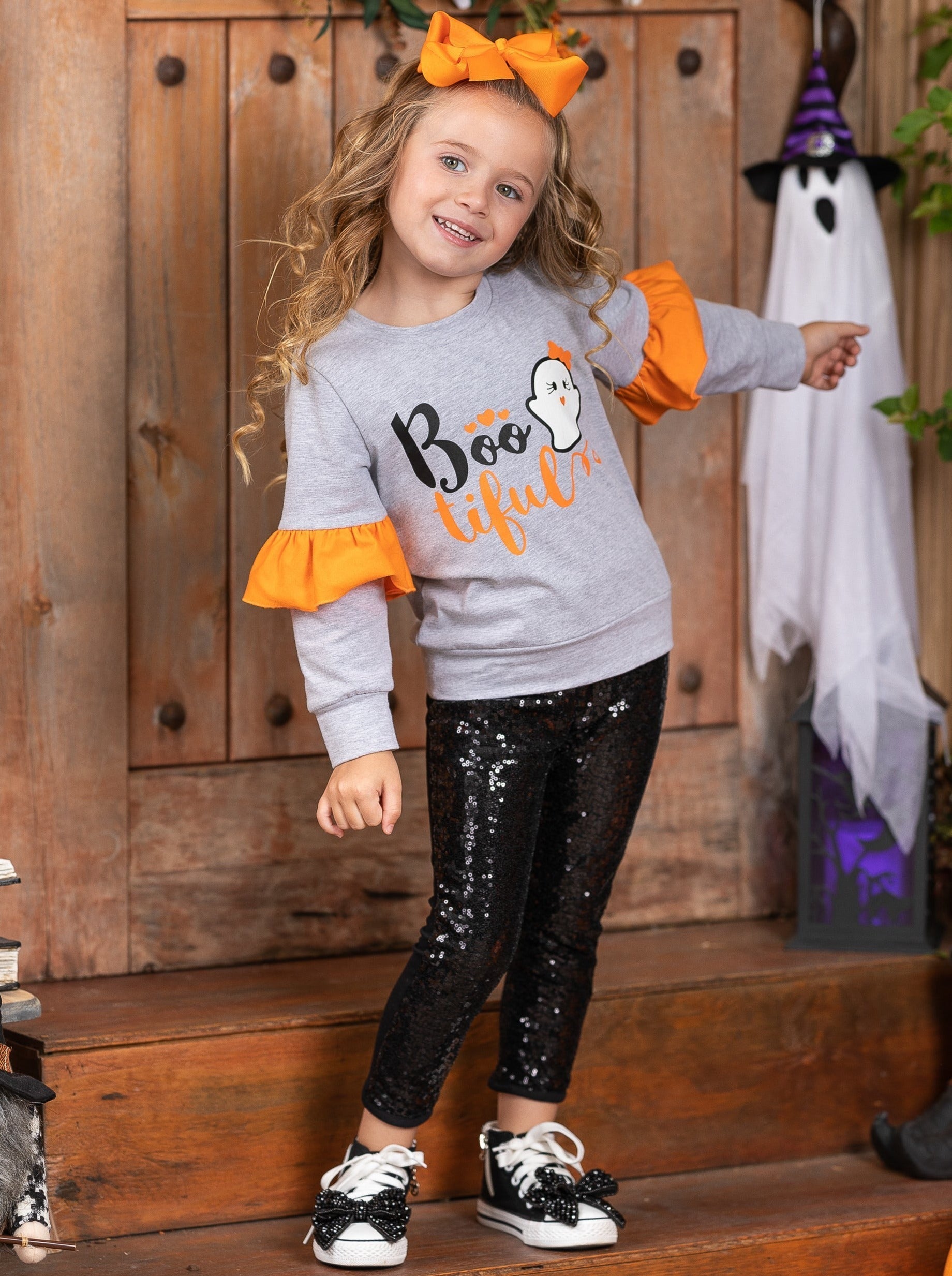 Boo-tiful Ruffle Sleeve Sweater And Sequin Legging Set