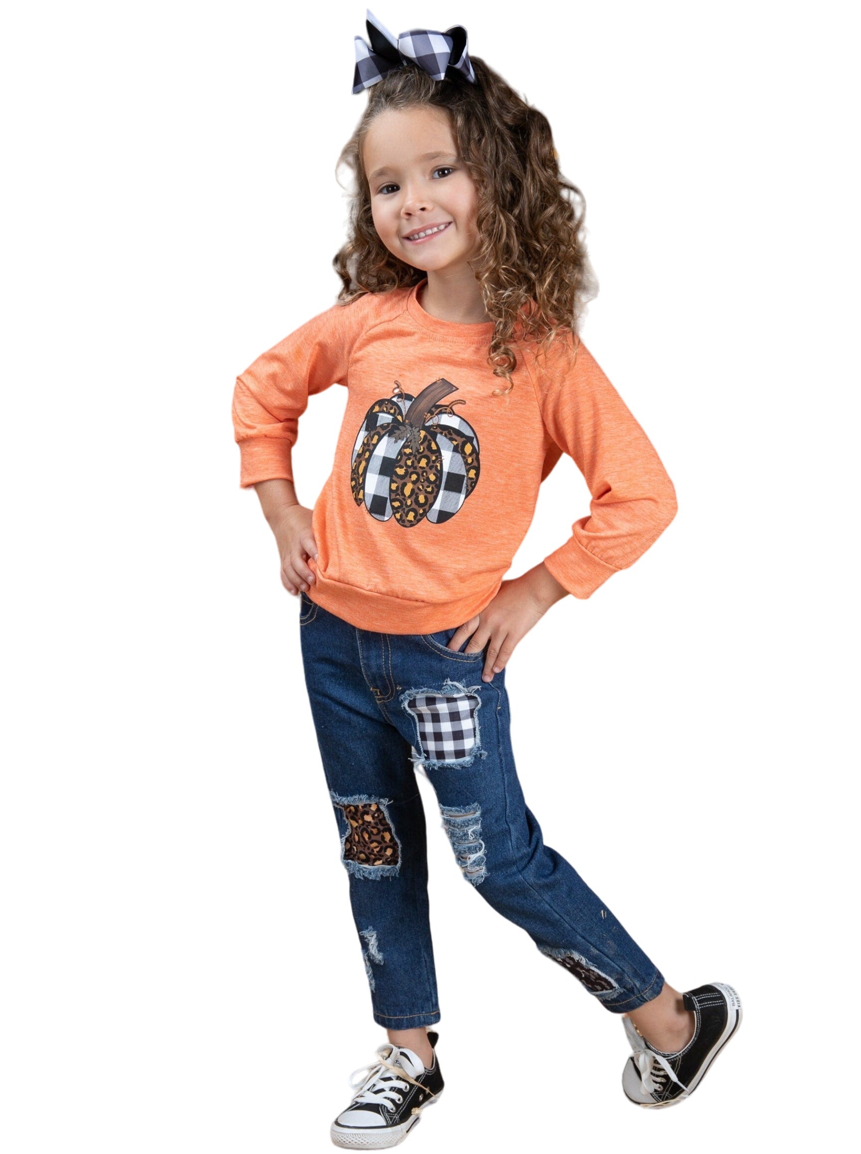 Aww, Pumpkin Pullover And Patched Jeans Set