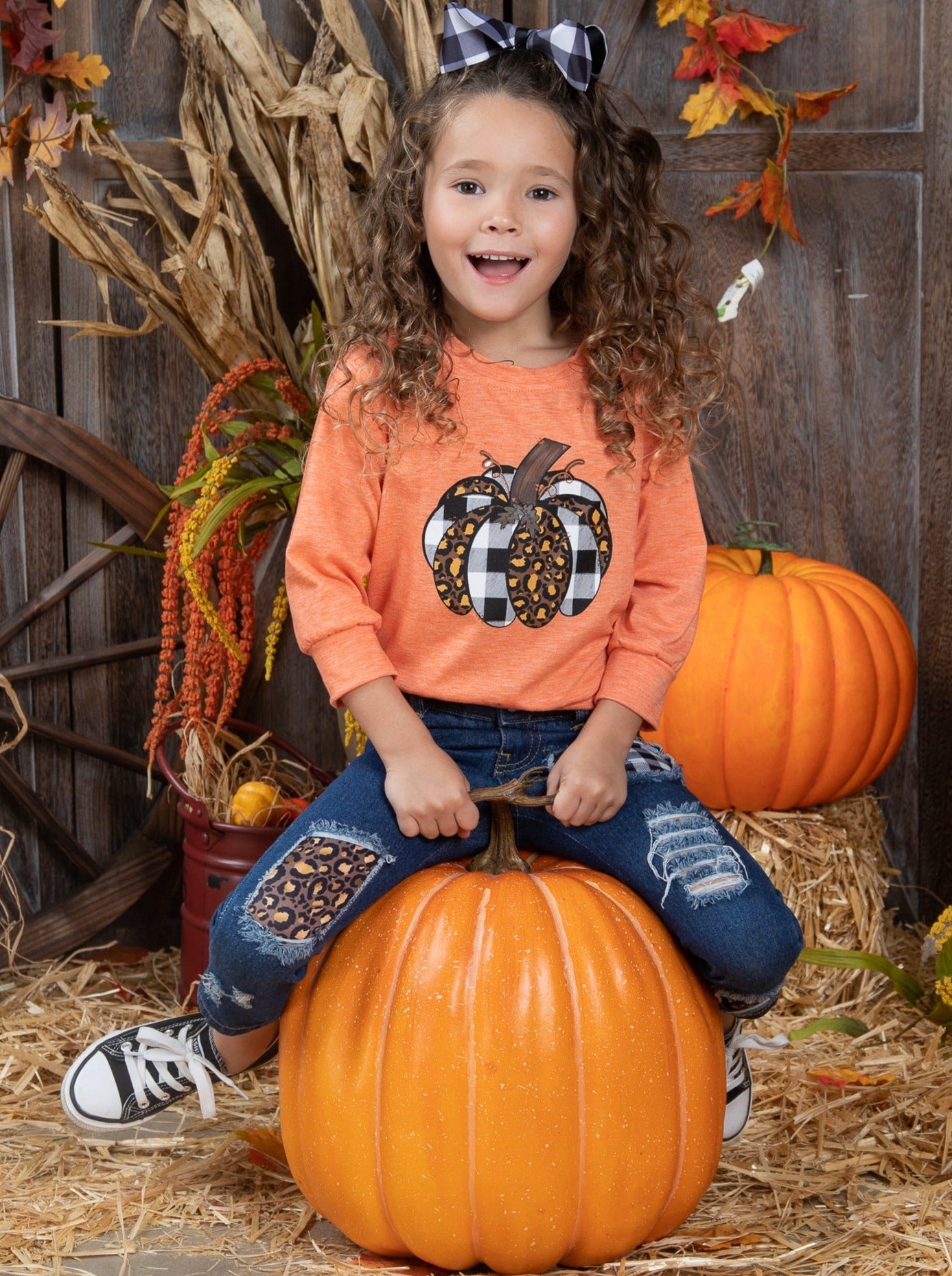 Aww, Pumpkin Pullover And Patched Jeans Set